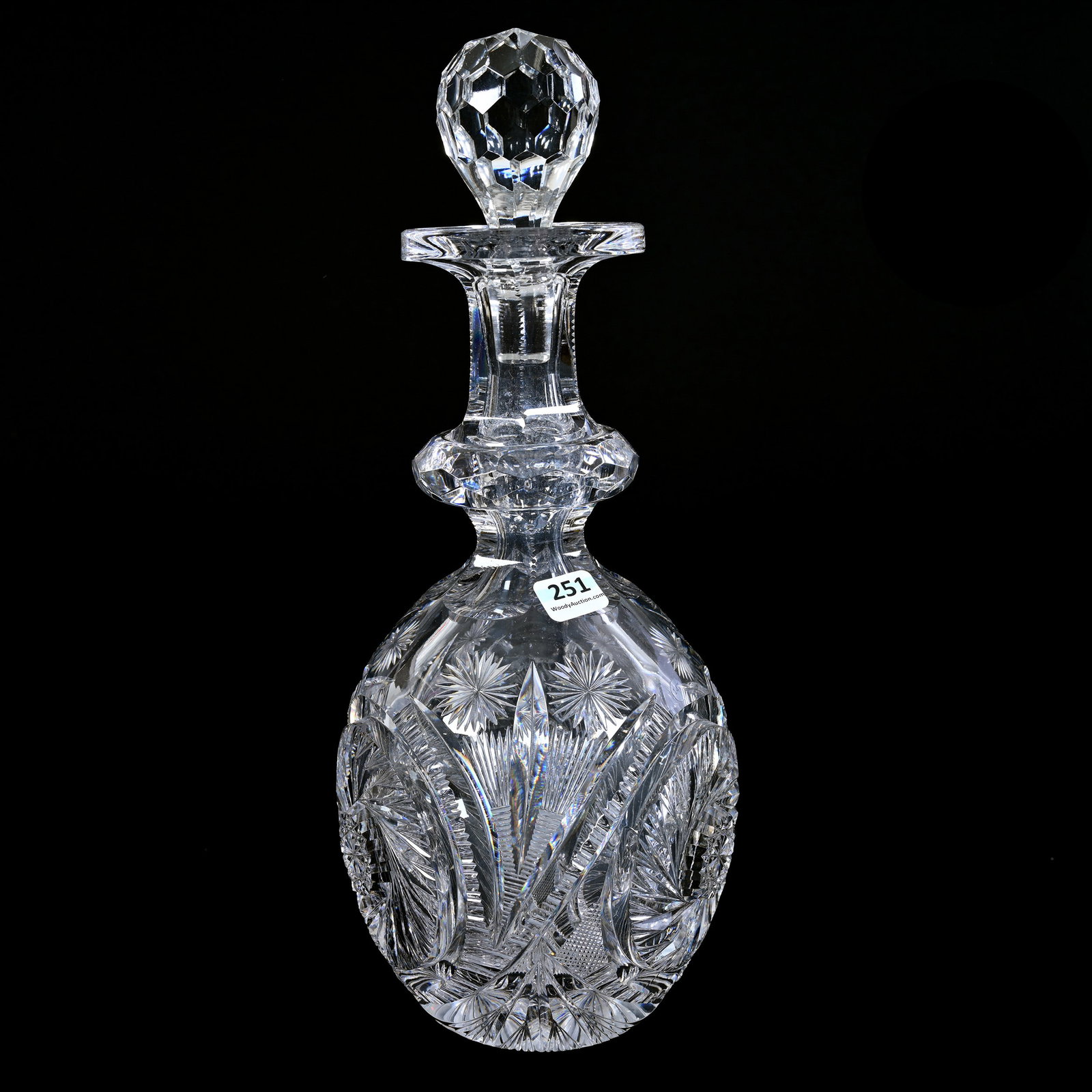 Decanter, American Brilliant Cut Glass: Decanter, American Brilliant Cut Glass, 13.5" x 5.75", Large Pinwheel With Zipper, Shooting Star And Fan Highlights, Facet Cut Ring Neck, Stopper Is Not Original, Total Weight Of Nearly 8.5 Pounds, In