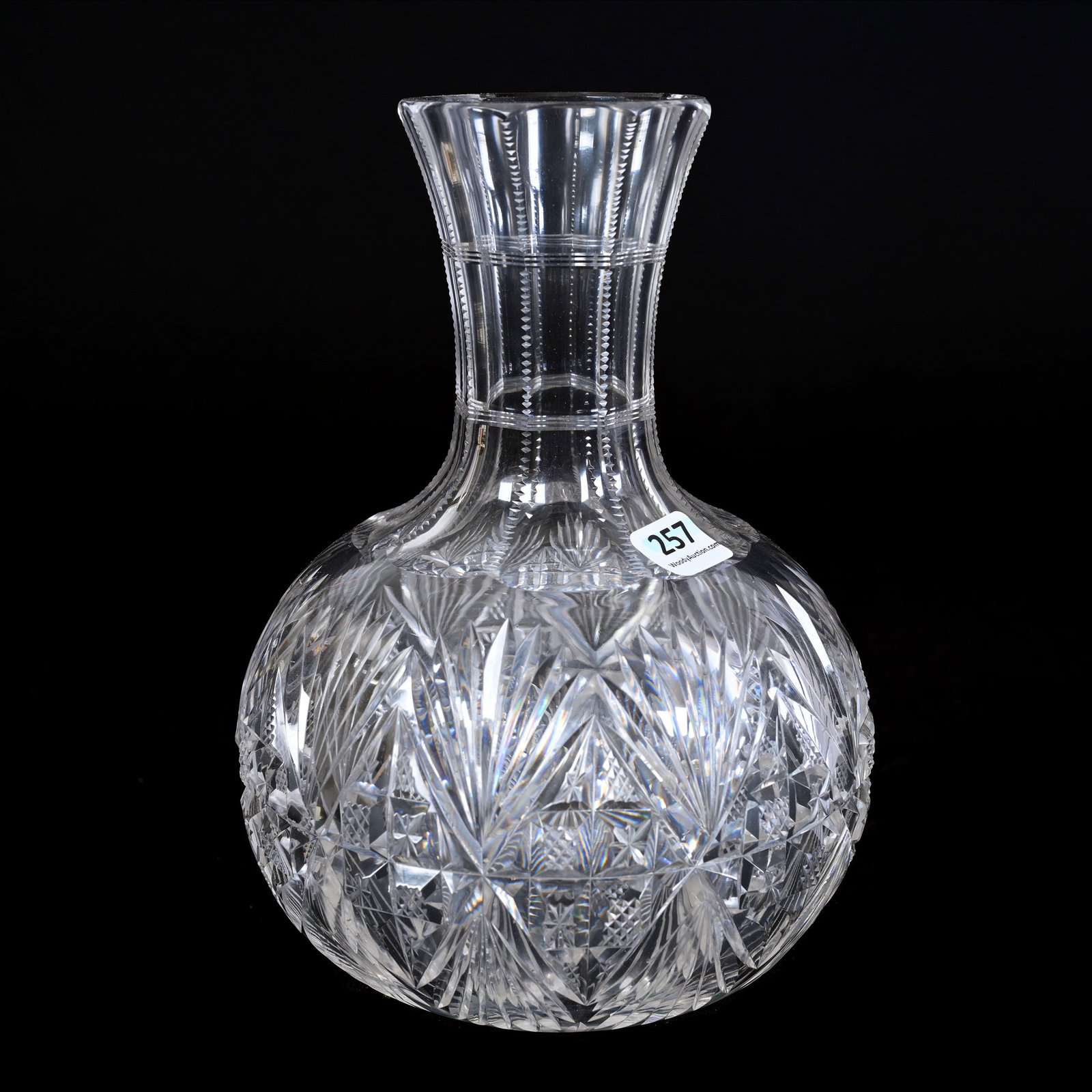 Water Carafe, American Brilliant Cut Glass: Water Carafe, American Brilliant Cut Glass, 8" x 6", Pattern Resembles Royal By Dorflinger, Ray Cut Base, Indiana Private Collection.