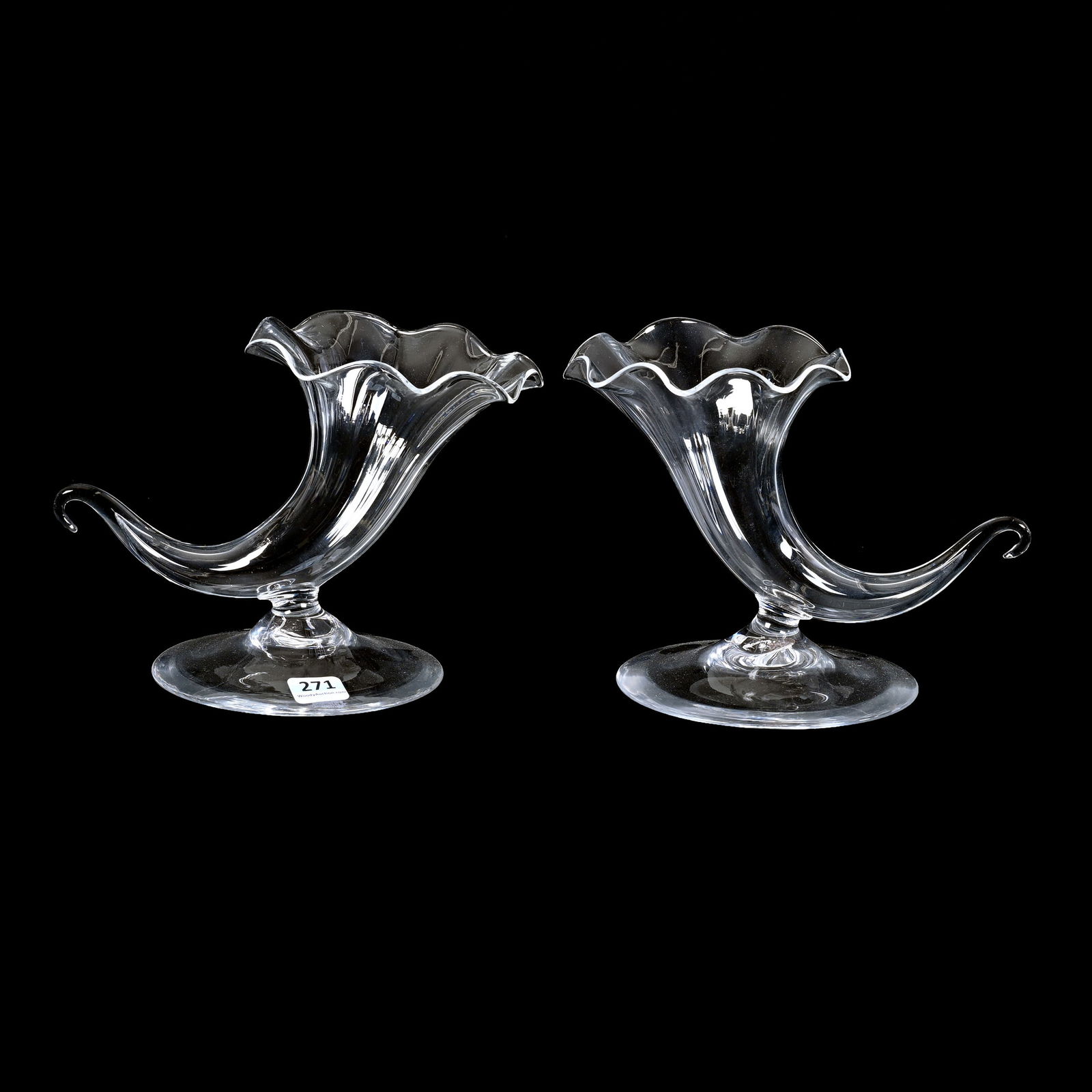 Pair Cornucopia Vases, Clear Crystal Signed Steuben, Very Nice Quality (1 of 2)