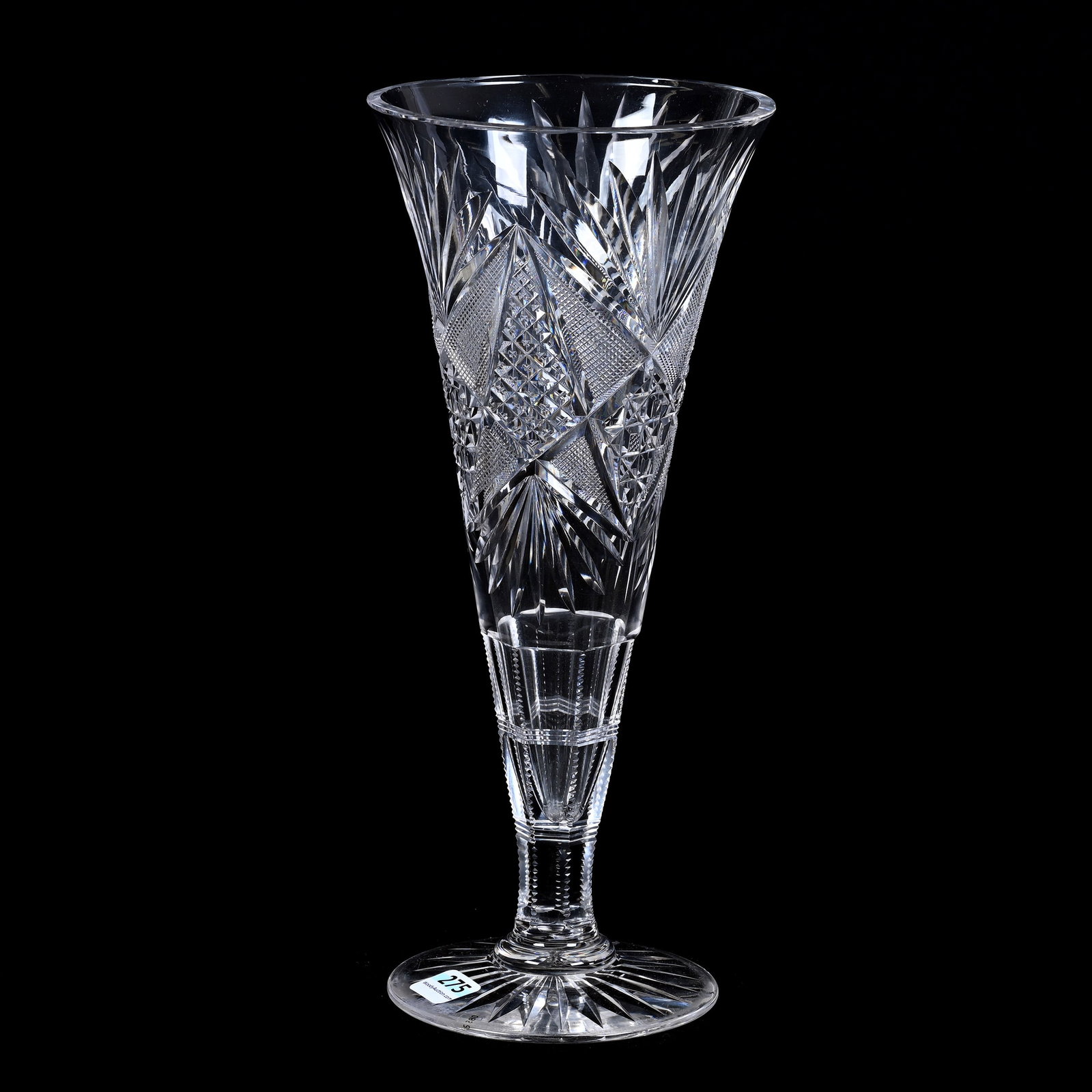Trumpet Vase, American Brilliant Cut Glass: Trumpet Vase, American Brilliant Cut Glass, 11.5" x 5", Crosscut Diamond, Strawberry Diamond, Block And Fan Motif, Ray Cut Foot, Professional Rim Repair, Indiana Private Collection.