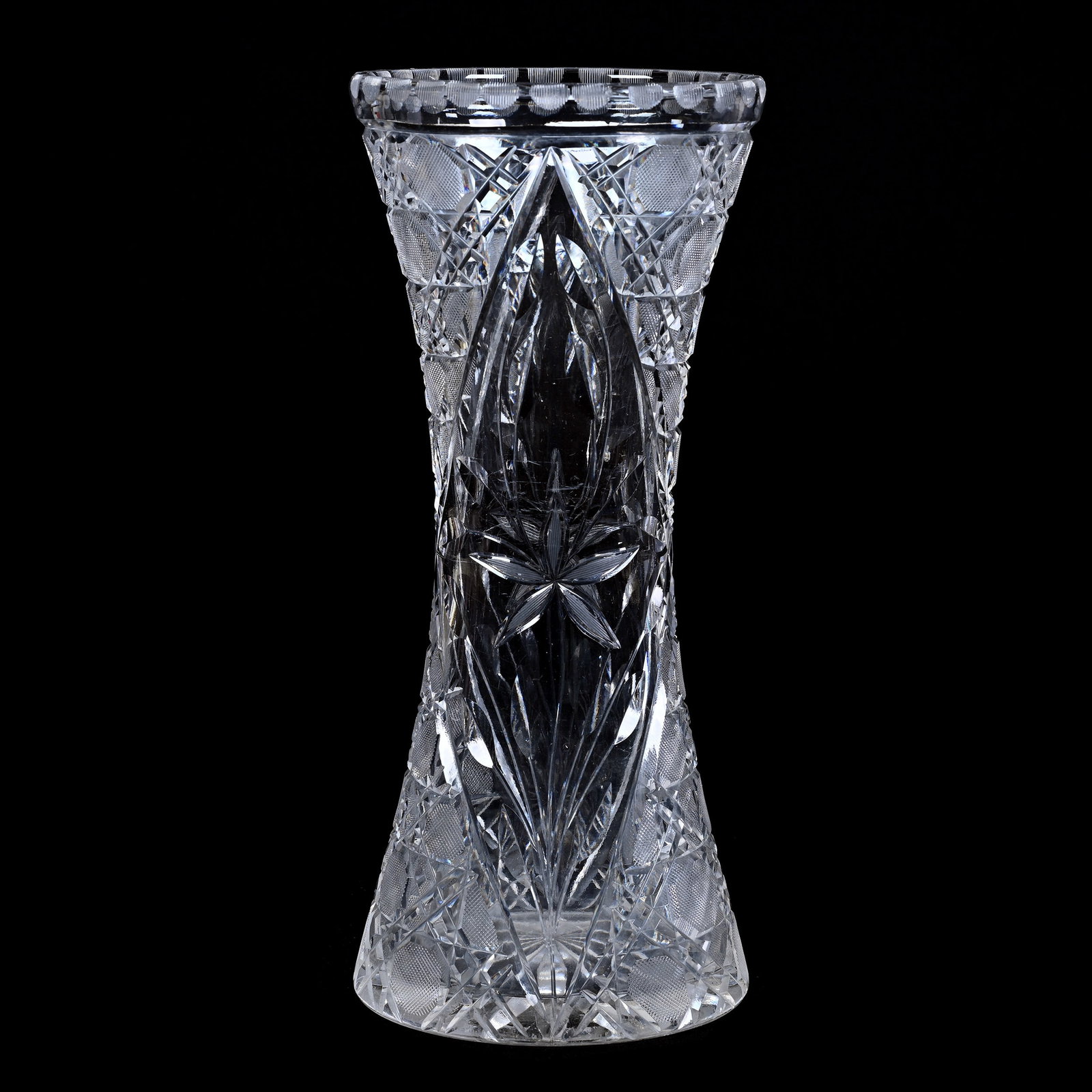 Vase, American Brilliant Cut Glass: Vase, American Brilliant Cut Glass, 11.75" x 5.25", Floral And Harvard Pattern, Ray Cut Base, Rim Nicks, Indiana Private Collection.