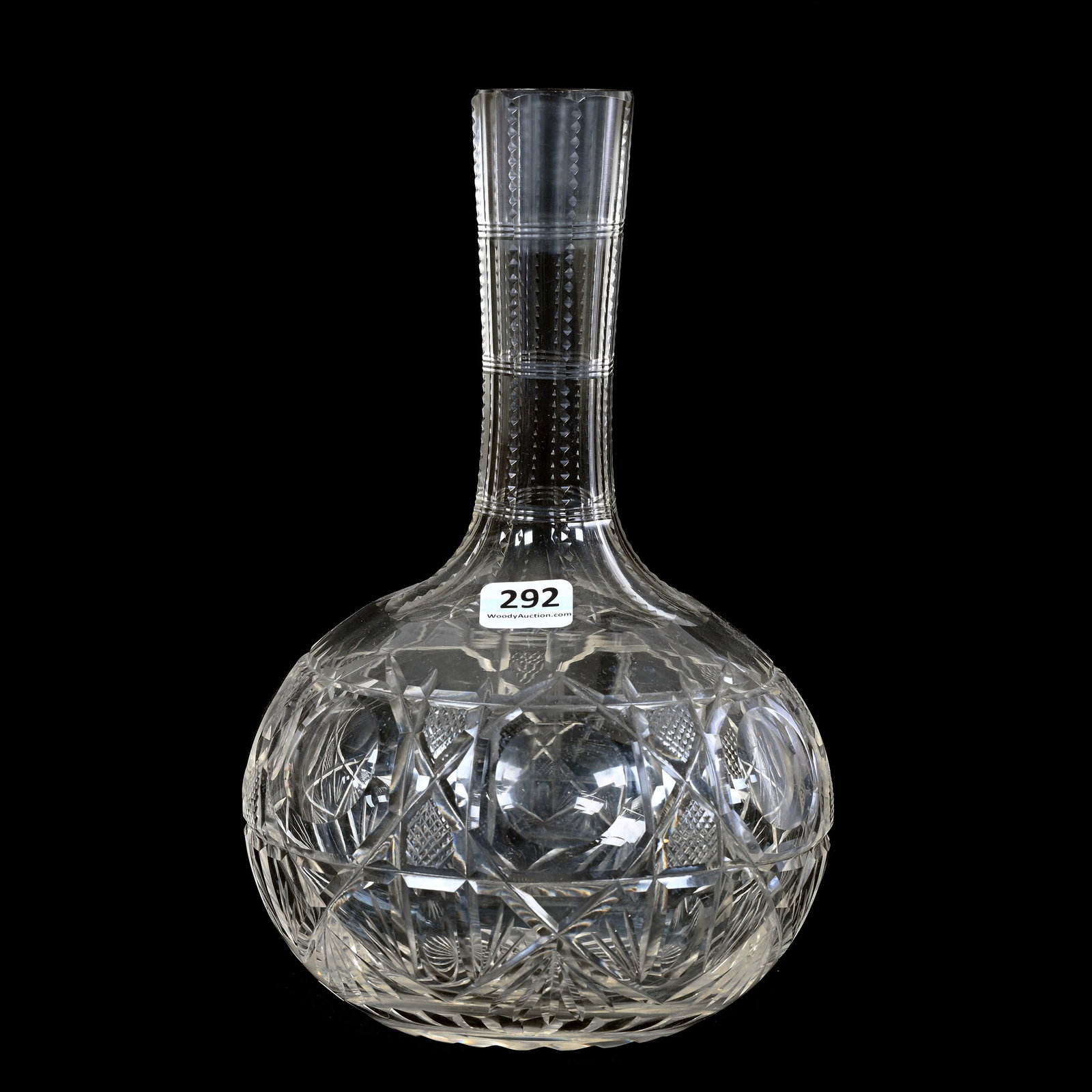 Decanter, Brilliant Period Cut Glass: Decanter, Brilliant Period Cut Glass, 9" x 5.5", Bullseye, File And Fan Motif, Ray Cut Base, No Stopper, Rim Nick, Indiana Private Collection.