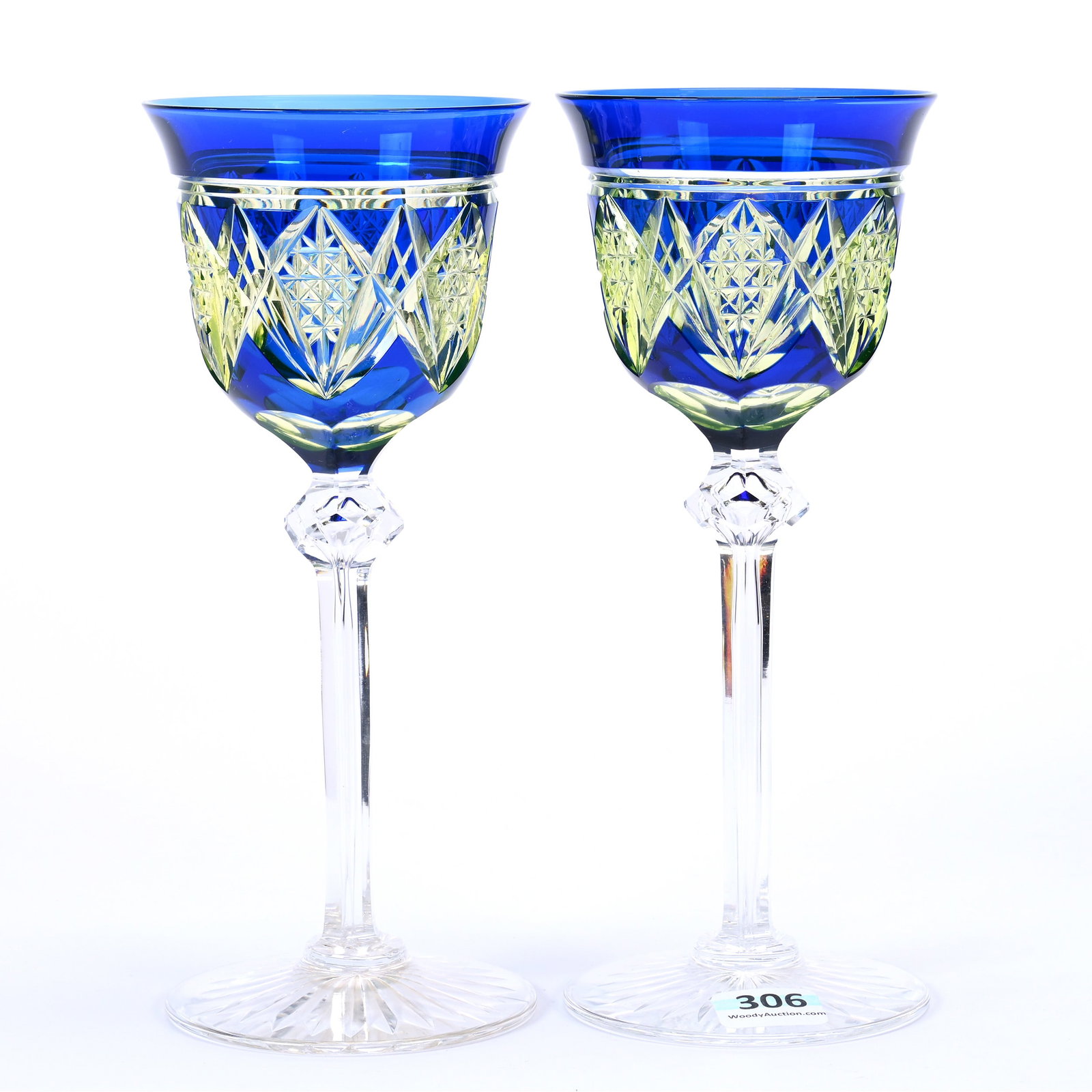 Pair Wine Stems, BPCG, Blue Cut To Vaseline, Ferber Pattern By Val St. Lambert, Circa 1925: Pair Wine Stems, Brilliant Period Cut Glass, Blue Cut To Vaseline, Ferber Pattern By Val St. Lambert, Circa 1925, 7.5" x 3", Ray Cut Foot, Highly Reactive Under Black Light, Private Collection.