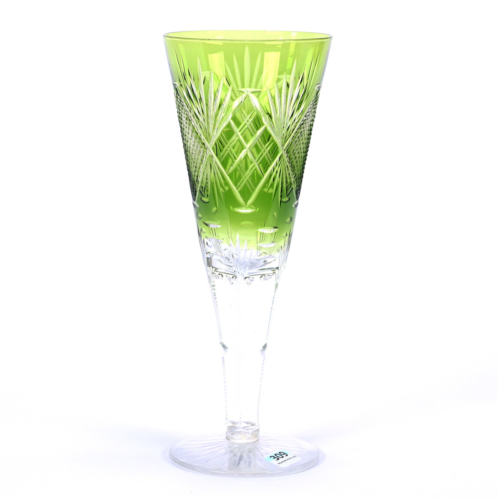 Trumpet Vase, Brilliant Period Cut Glass, Green Cut To Clear By Val St. Lambert: Trumpet Vase, Brilliant Period Cut Glass, Green Cut To Clear By Val St. Lambert, 10.75 x 4.25", Alternating Diamond Panels Of Strawberry Diamond And Crosscut Diamond With Fan Highlights, Controlled Bu