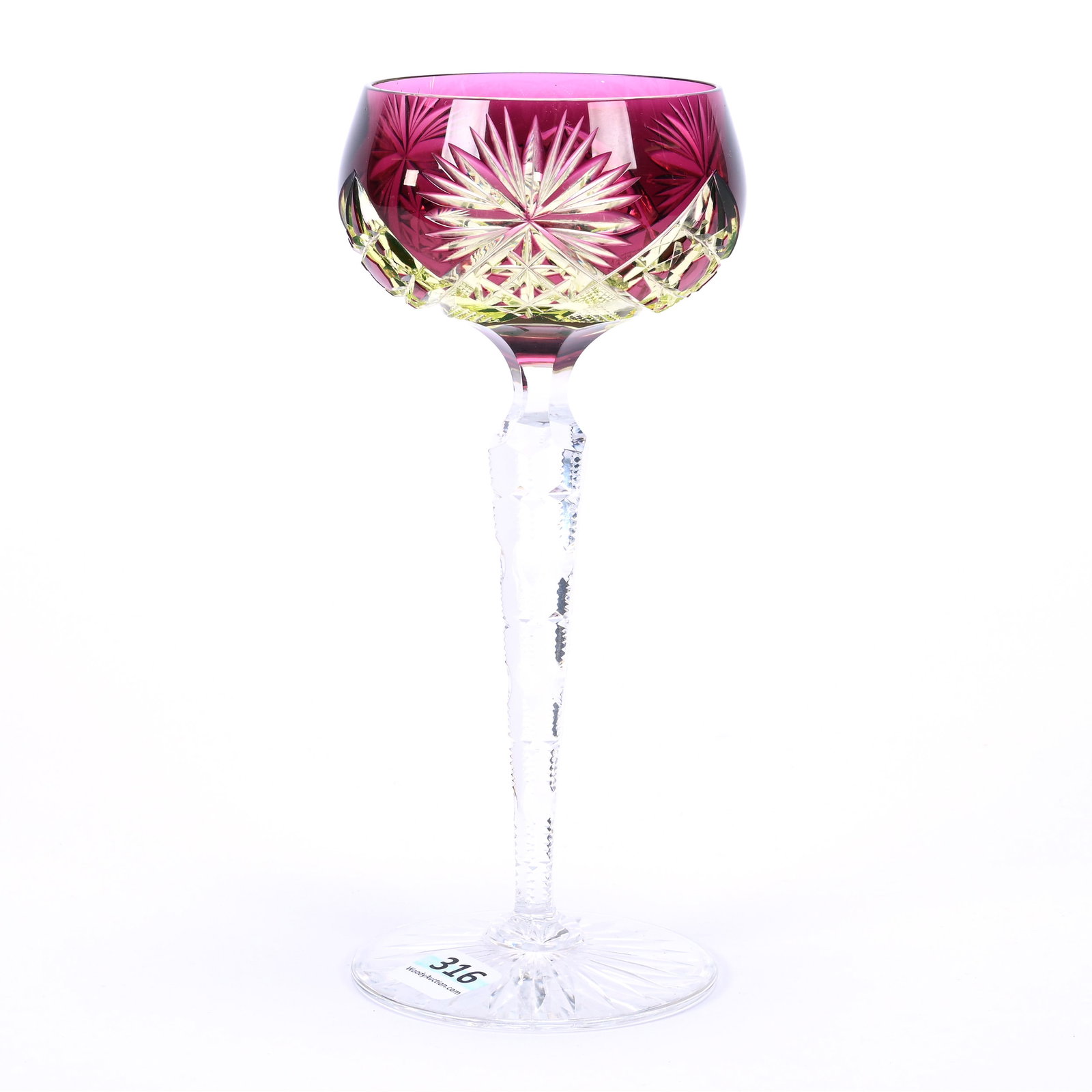 Wine Stem, BPCG, Amethyst Cut To Vaseline, Pattern #3269/17 By Val St. Lambert, Circa 1905: Wine Stem, Brilliant Period Cut Glass, Amethyst Cut To Vaseline, Pattern #3269/17 By Val St. Lambert, Circa 1905, 7.75" x 3.25", Solid Notched Stem, Ray Cut Foot, Highly Reactive Under Black Light, Pr