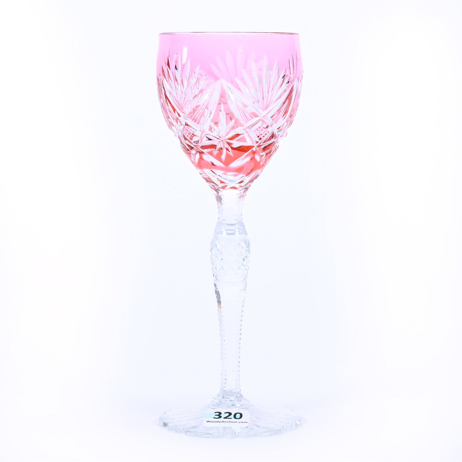 Wine Stem, Late Period Brilliant Period Cut Glass, Pink Cut To Clear: Wine Stem, Late Period Brilliant Period Cut Glass, Pink Cut To Clear, 7.75" x 2.75", Strawberry Diamond, Geometric Cut Miter And Fan Motif, Diamond Cut Stem, Scalloped Ray Cut Foot, Unknown Maker, Pri