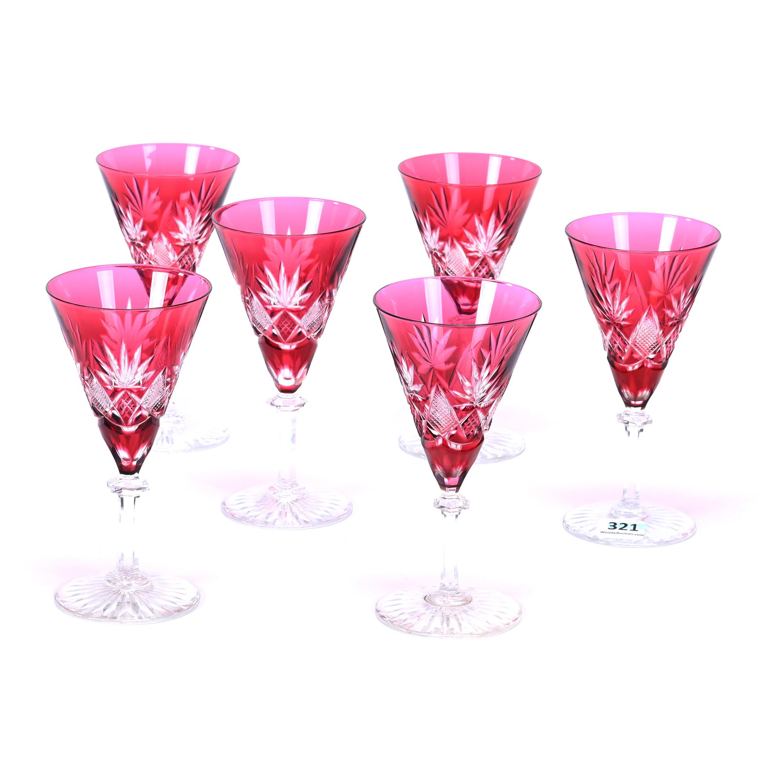 (6) Wine Stems, BPCG, Red Cut To Clear, Eurydice Pattern By Val St. Lambert, Circa 1905: (6) Wine Stems, Brilliant Period Cut Glass, Red Cut To Clear, Eurydice Pattern By Val St. Lambert, Circa 1905, 5.5" x 2.75", Ray Cut Foot, Private Collection.
