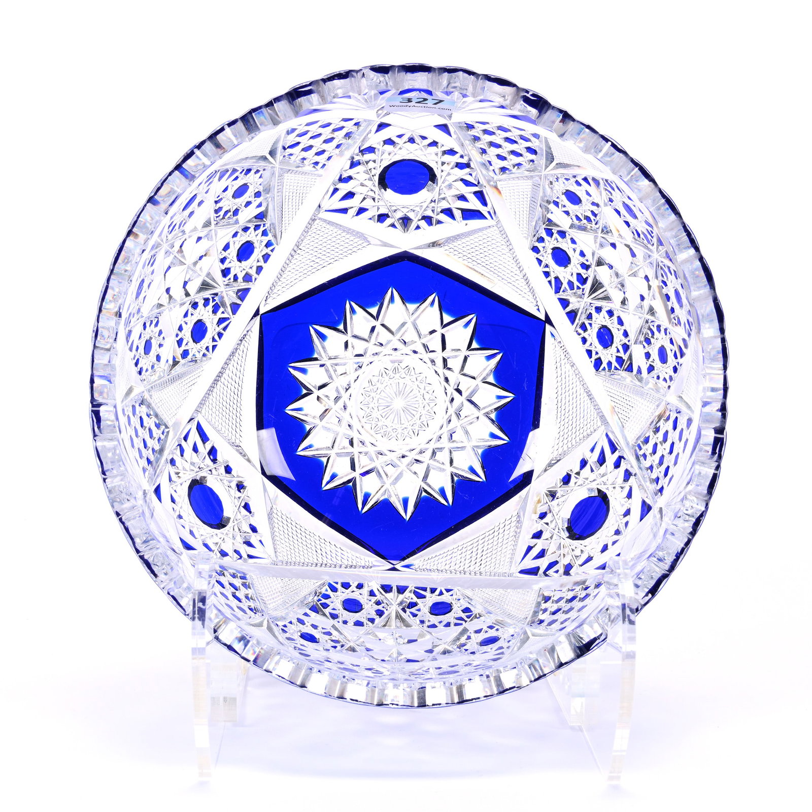 Bowl, Brilliant Period Cut Glass, Cobalt Blue Cut To Clear By Val St. Lambert: Bowl, Brilliant Period Cut Glass, Cobalt Blue Cut To Clear By Val St. Lambert, 3.75" x 8", Hobstar, Strawberry Diamond, Hob Button, Hobstar Cluster And Fan Motif, One Tooth With Small Slanted Chip, Pr