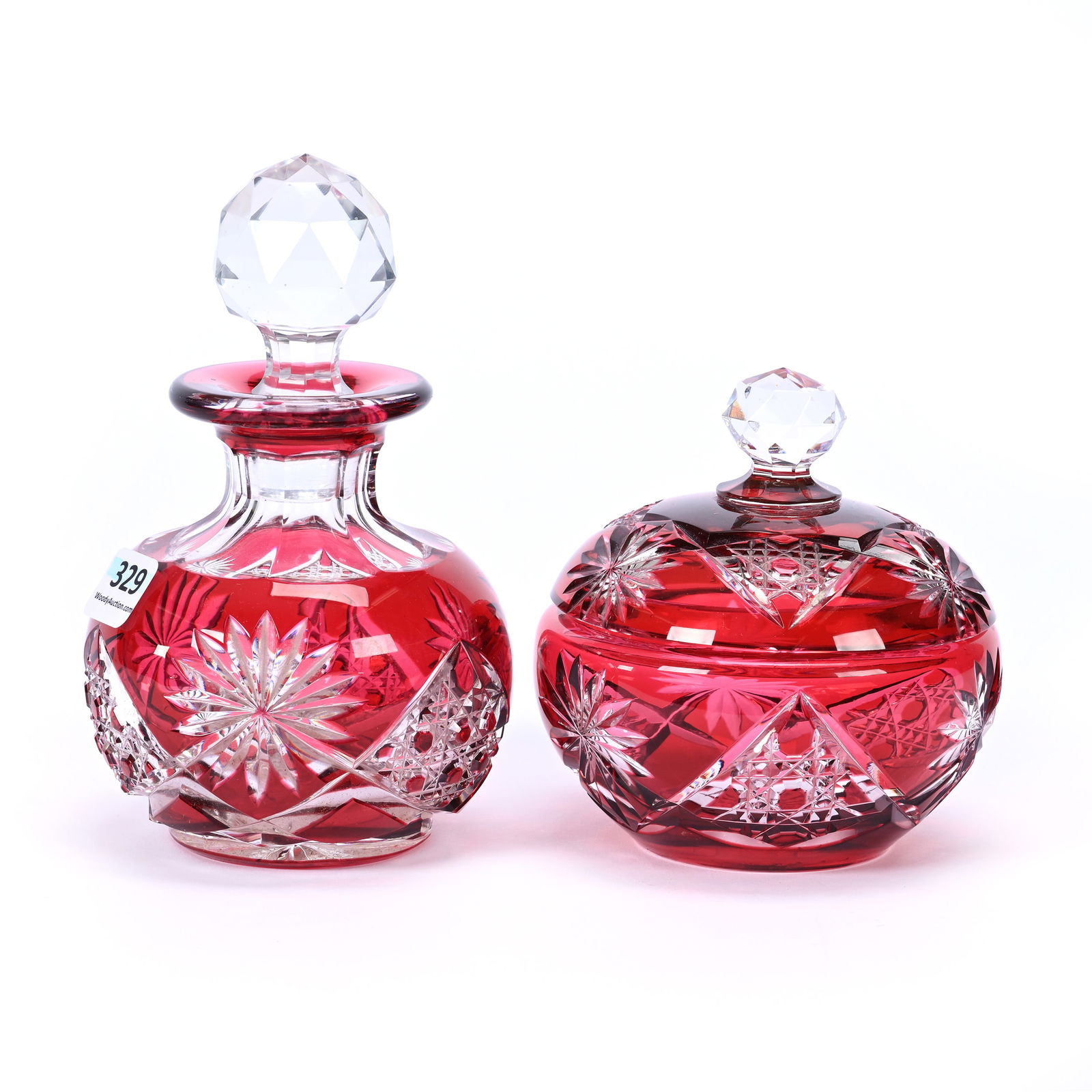 Vanity Set, Two Piece, BPCG, Red Cut To Clear, Pattern Resembles HF-421 By Val St. Lambert, Circa (1 of 3)