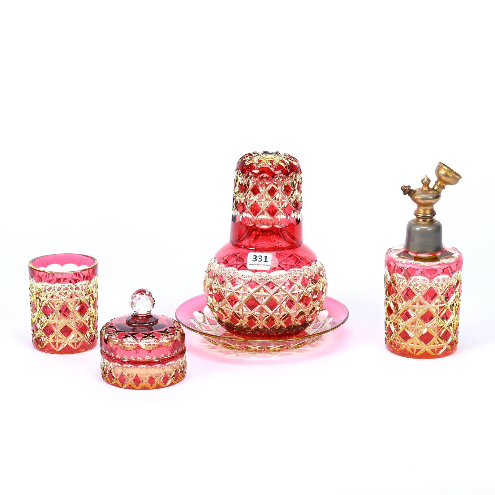 (4) Vanity Items, BPCG, Cranberry Cut To Vaseline, Carlton Pattern By Val St. Lambert, Circa 1925 (1 of 5)