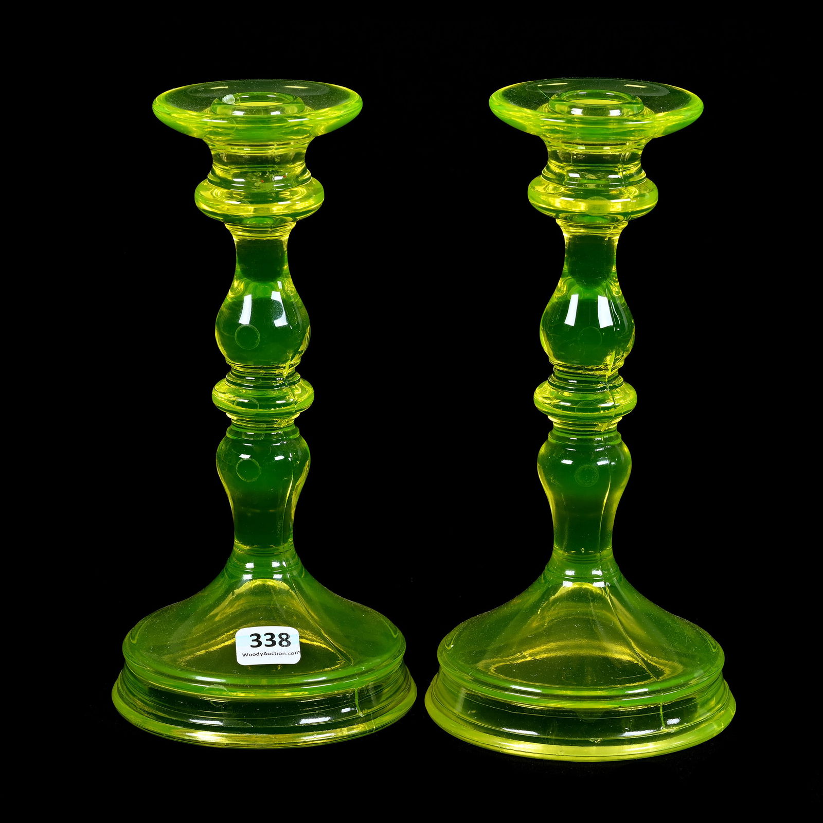 Pair Candlesticks, Solid Vaseline Glass (1 of 3)