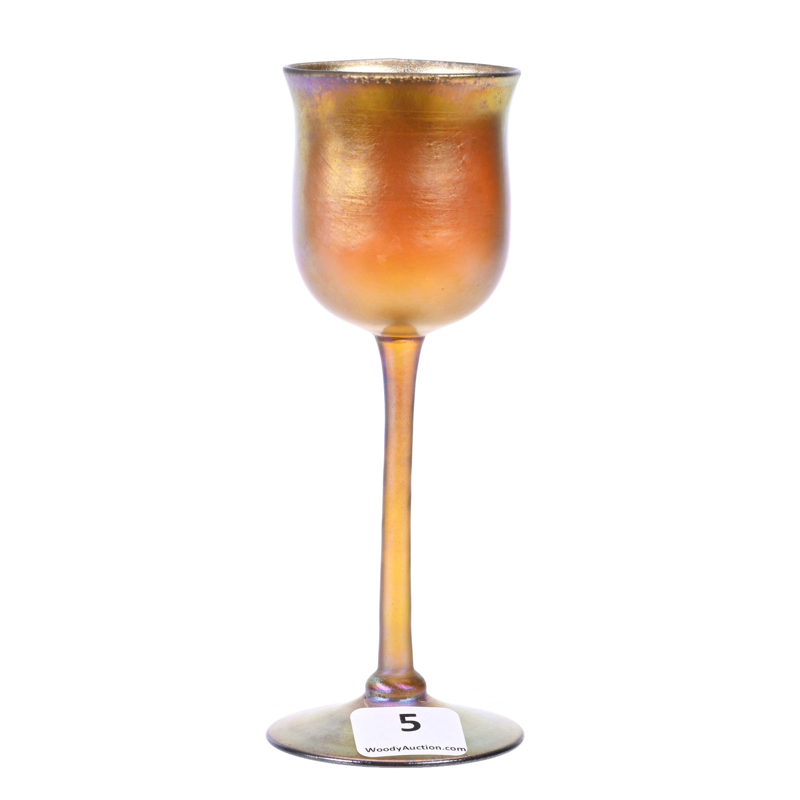 Wine Stem Signed L.C.T. Favrile Art Glass, Gold Iridescent, Nice Tiffany Quality: Wine Stem Signed L.C.T. Favrile Art Glass, Gold Iridescent, Nice Tiffany Quality, 5.5" x 2", Virginia & The Late Dr. Jimmie L. Downing, Kansas.