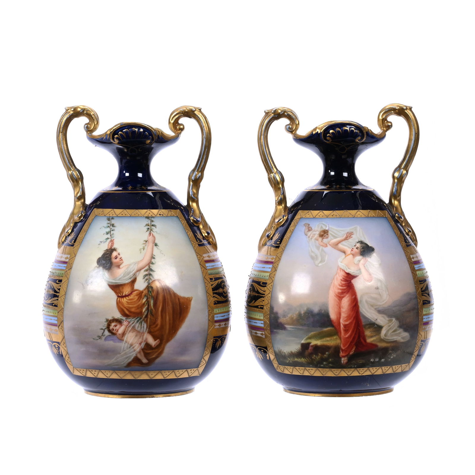 Pair Vases, Two Handles, Marked Beehive Vienna Porcelain, Hand Painted Scenes (1 of 3)