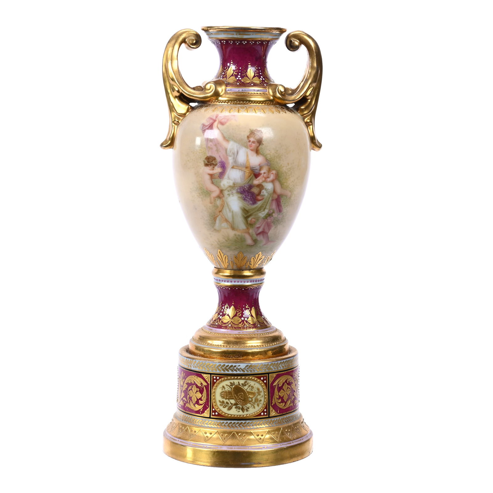Pedestal Urn Marked Beehive Vienna Porcelain, Scene Of Woman & Cherub Picking Grapes, (1 of 4)