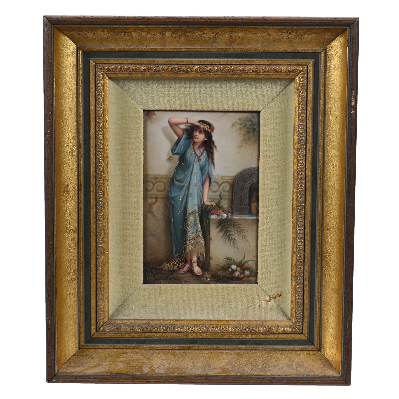 Porcelain Plaque, Marked Germany, Titled "Expectation" Featuring Woman At Well (1 of 3)