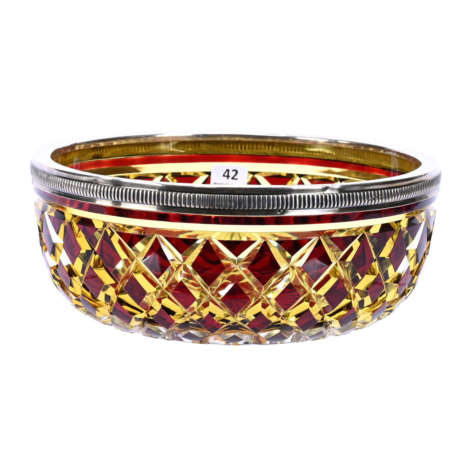 Bowl, Brilliant Period Cut Glass, Red Cut To Yellow, Large Diamond Cut Pattern (1 of 3)