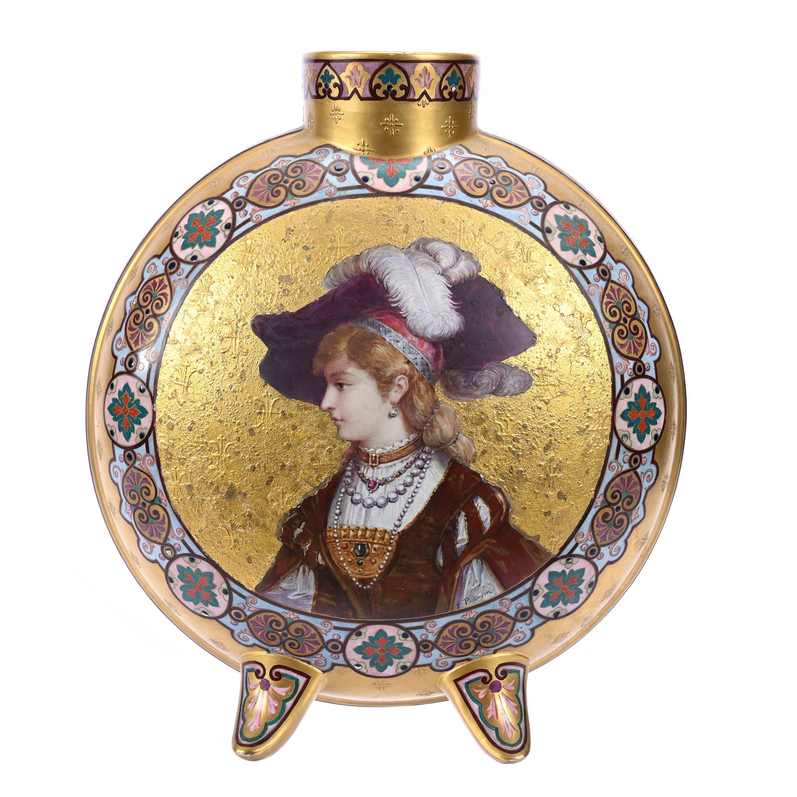 Footed "Moon" Vase, Unmarked Porcelain In Style Of Minton: Footed "Moon" Vase, Unmarked Porcelain In Style Of Minton, 14" x 12" x 6", Gold Ground With Portrait Of Young Woman On One Side, Still Life Decor On Other Side, Colorful Border Highlights, Very Nice Q