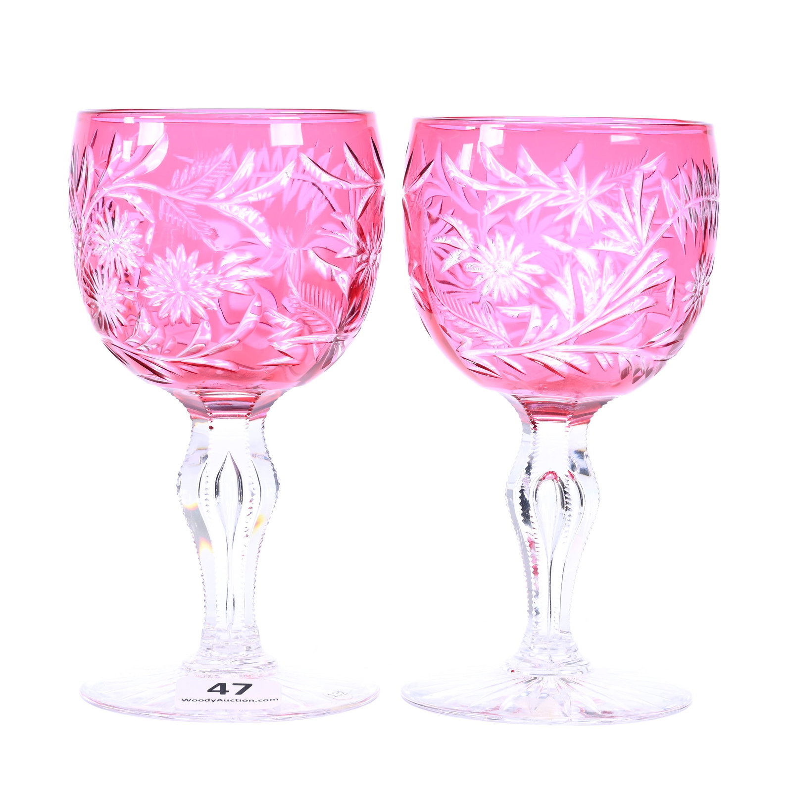 Pair Wine Stems, American Brilliant Cut Glass, Signed Libbey, Cranberry Cut To Clear: Pair Wine Stems, American Brilliant Cut Glass, Signed Libbey, Cranberry Cut To Clear, 5" x 2.5", Engraved Fern And Floral Decor, Teardrop Stem, Ray Cut Foot, Virginia & The Late Dr. Jimmie L. Downing,