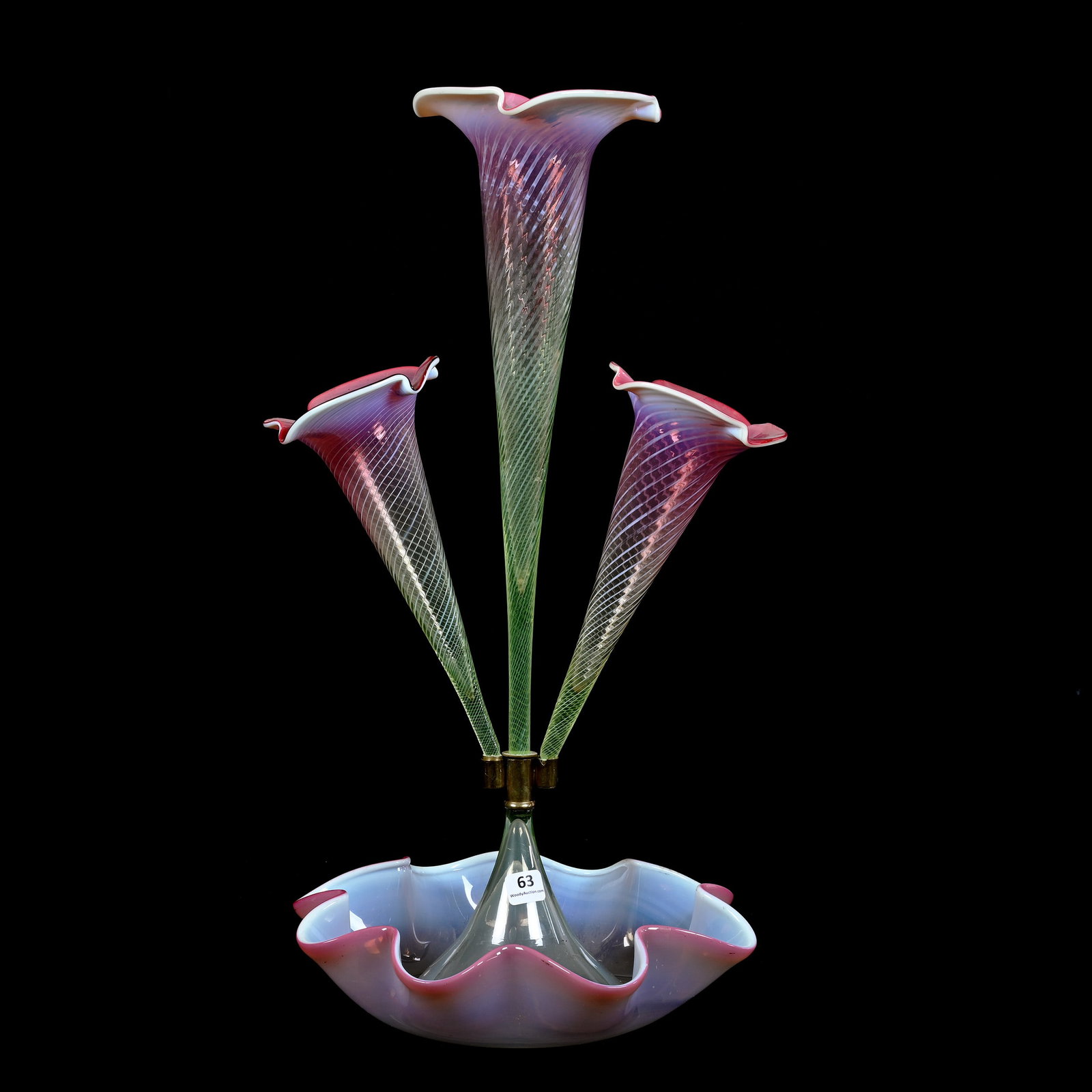 Epergne, Three Lily, Vaseline Cranberry Opalescent Swirl Art Glass, Highly Reactive Under Black: Epergne, Three Lily, Vaseline Cranberry Opalescent Swirl Art Glass, Highly Reactive Under Black Light, 20" x 11", The Late Bunny Koppelman Whose Epergne Collection Was Featured In The Elegant Epergne.