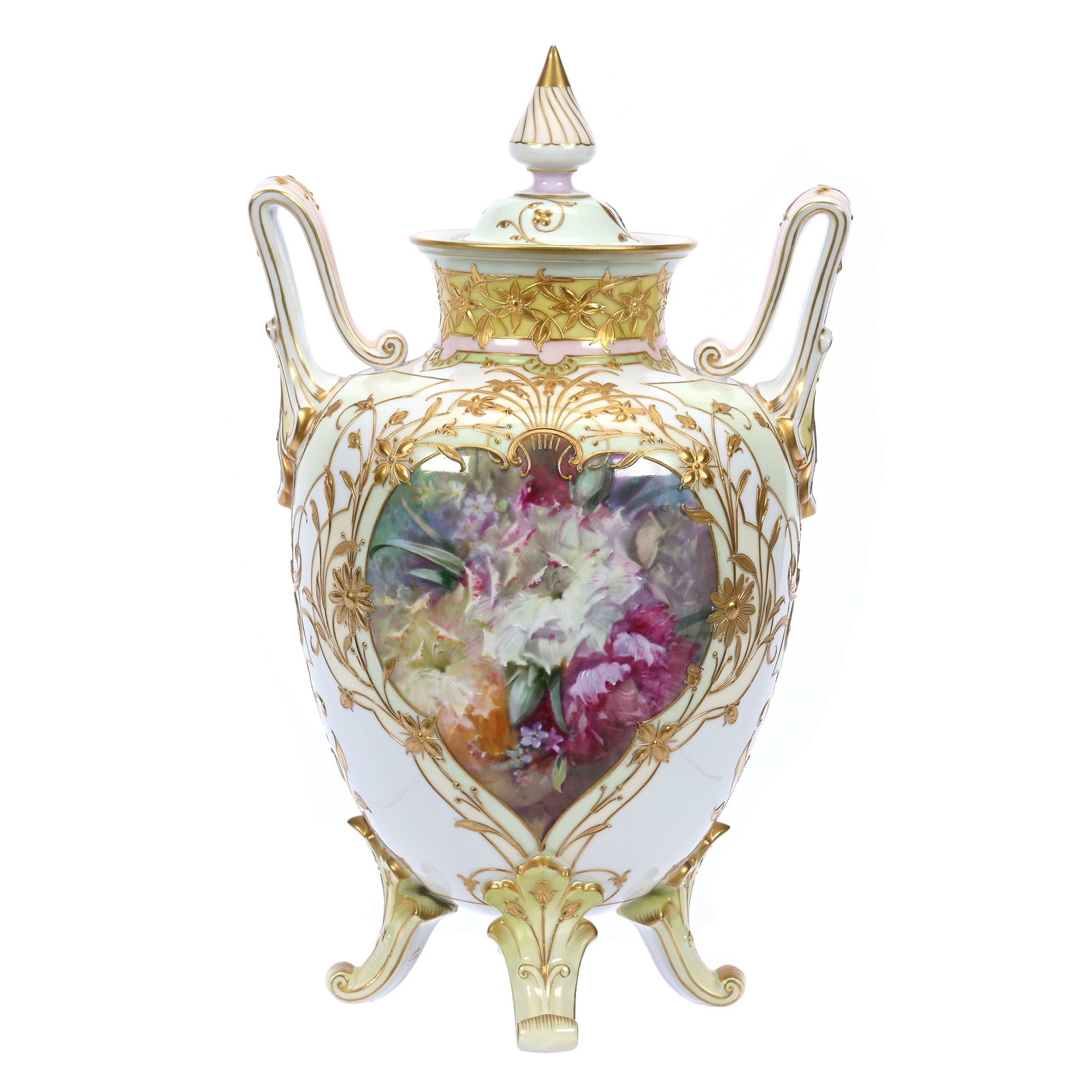 Footed Covered Urn Marked KPM Porcelain, Green And White Tones, Colorful Floral Decor (1 of 5)