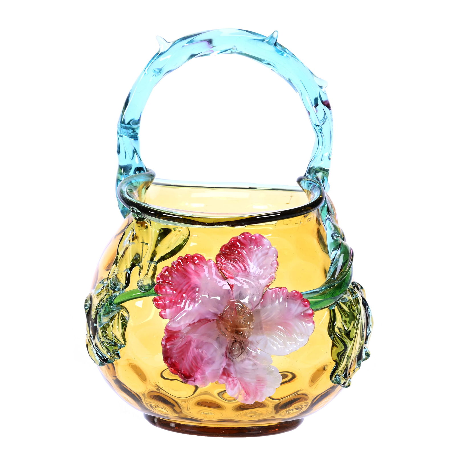 Basket, Amber Coinspot Art Glass In Style Of Stevens & Williams, Large Applied Pink Floral Blossom (1 of 4)