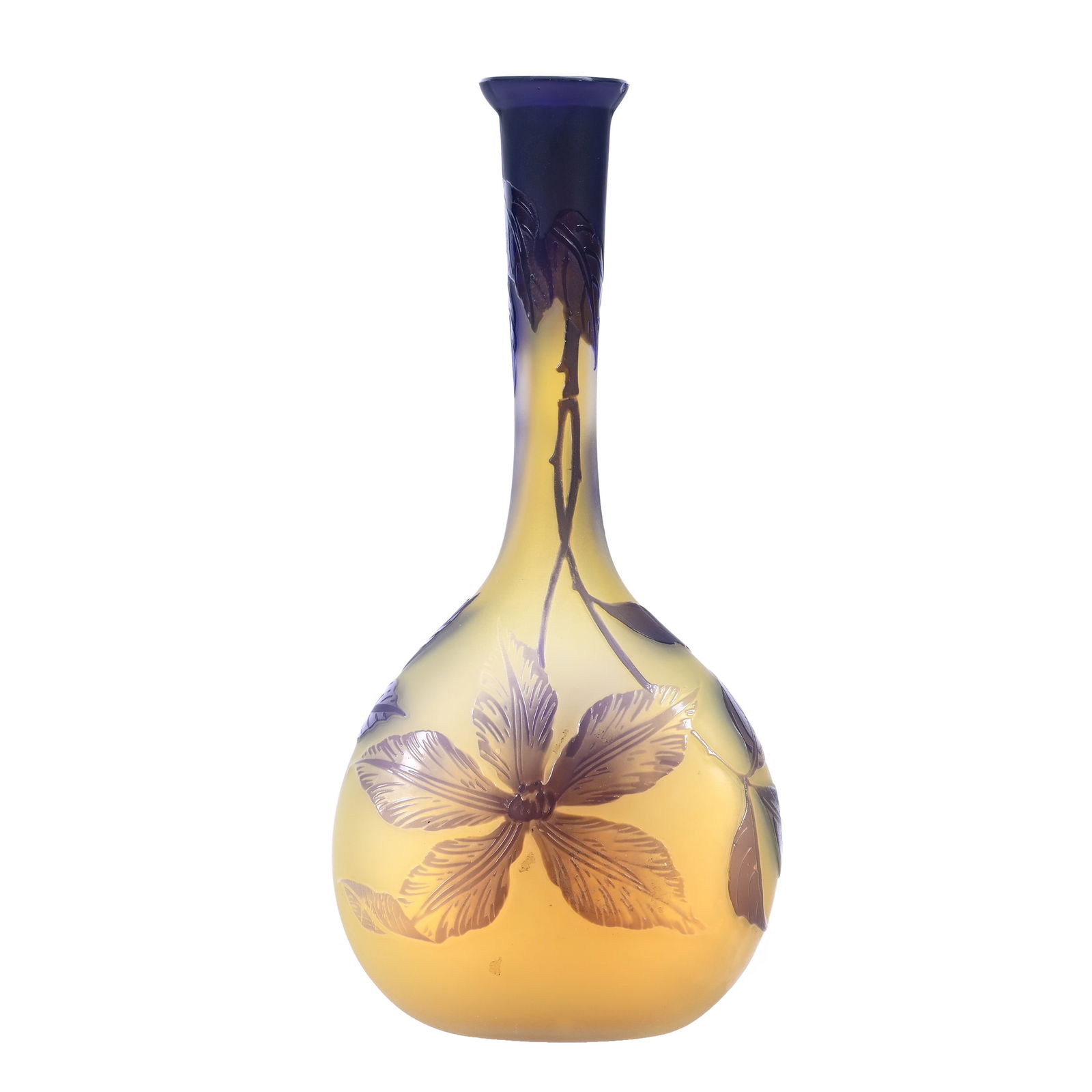 Banjo Vase Signed Galle French Cameo Art Glass, Yellow Ground, Lavender Cameo Carved Overlay (1 of 4)