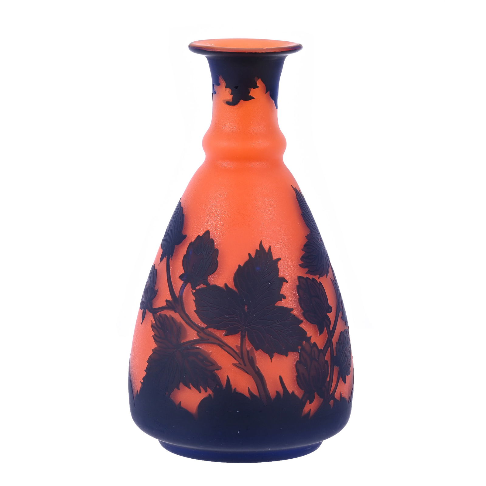 Vase Signed Richard Cameo Art Glass By Loetz, Orange Ground With Blue Cameo Carved Leaf & Branch (1 of 4)