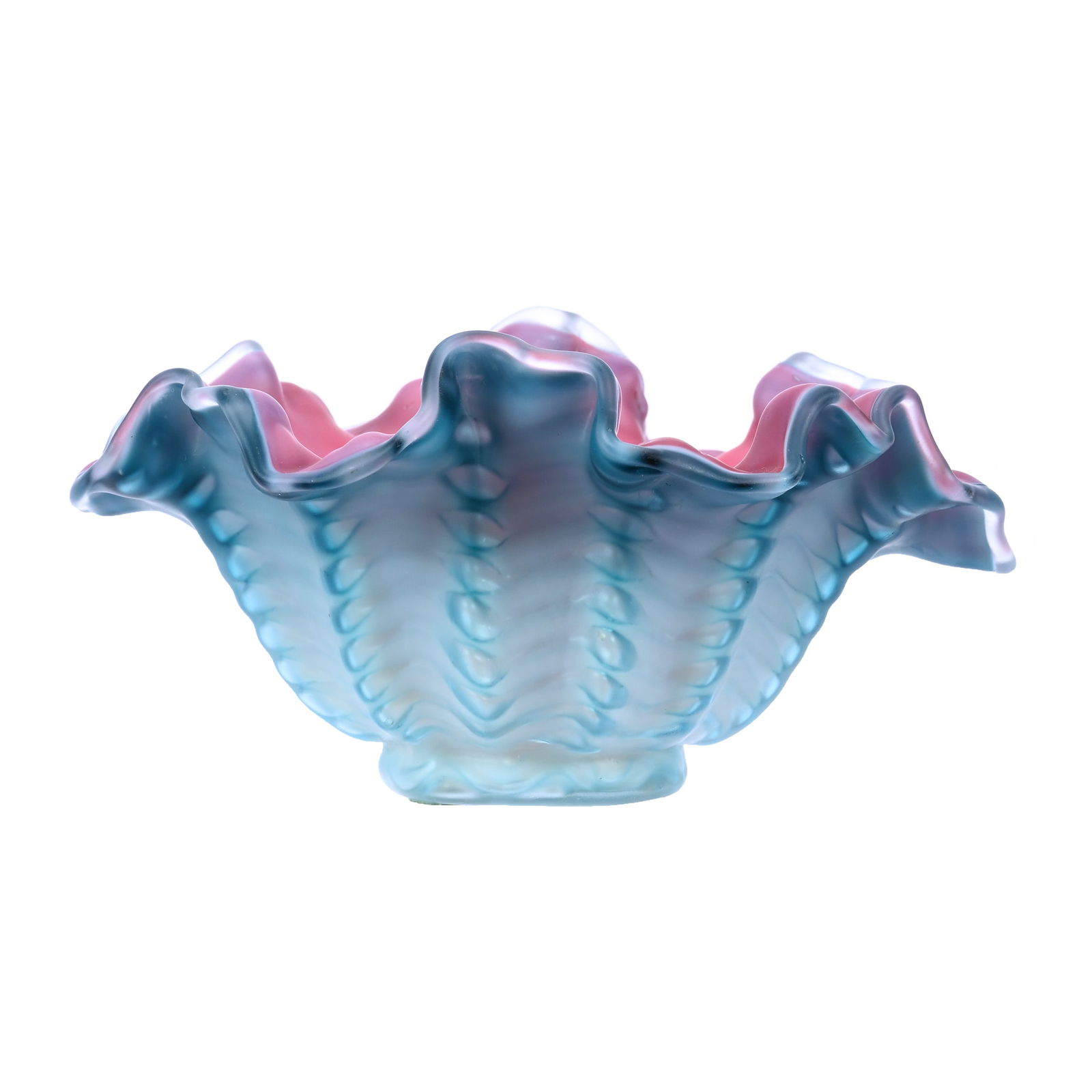 Miniature Brides Bowl, Ribbed Blue Satin Herringbone MOP Art Glass Bowl (1 of 3)