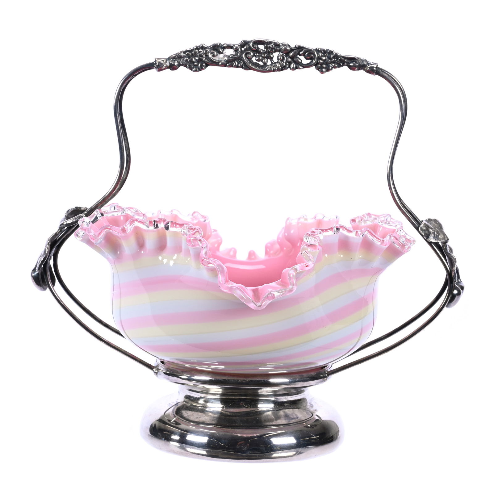 Victorian Brides Basket, Cased Rainbow Swirl Art Glass Bowl, Pink Interior (1 of 4)