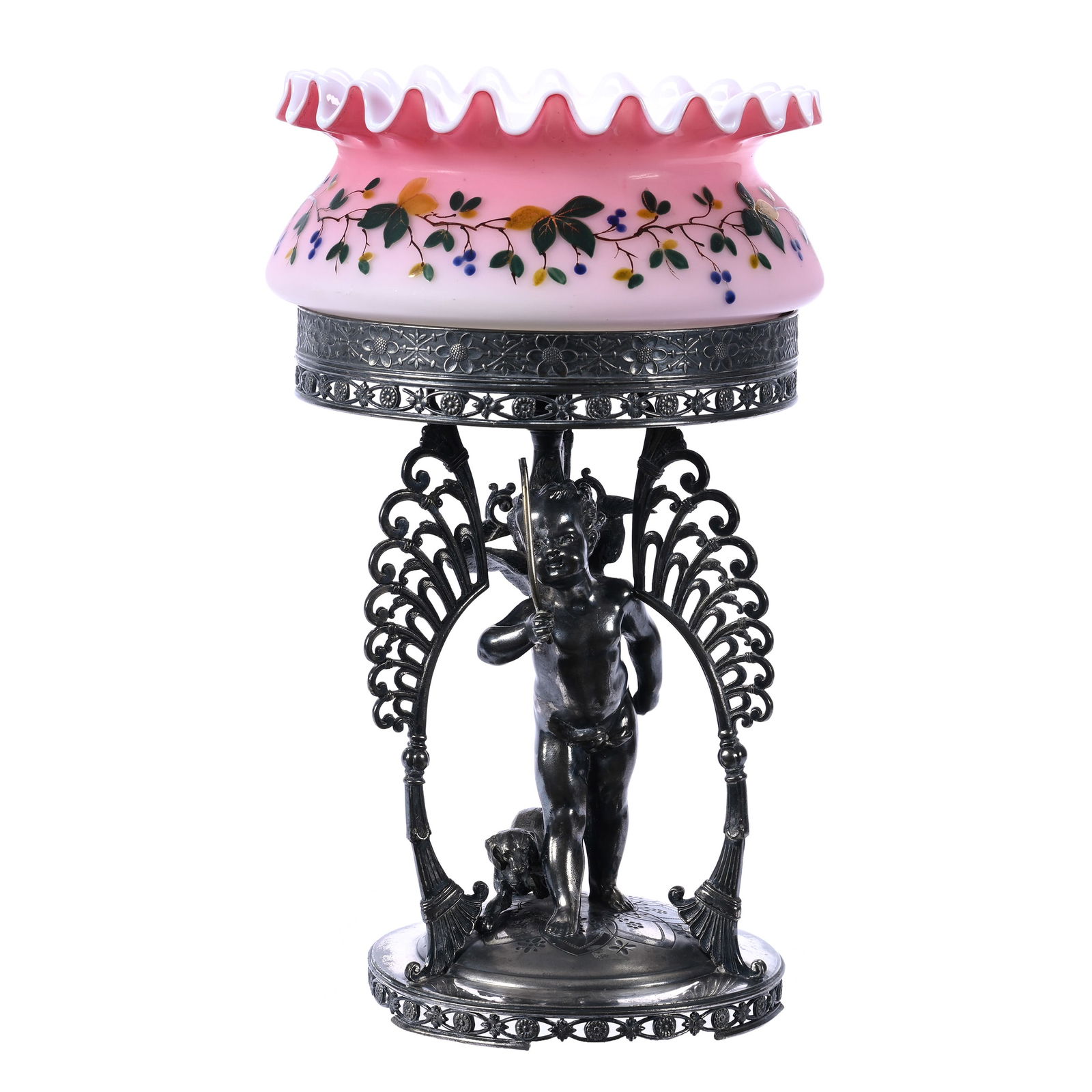 Victorian Brides Basket, Peachblow Satin Art Glass Bowl With Enamel Ivy & Berry Decor (1 of 5)