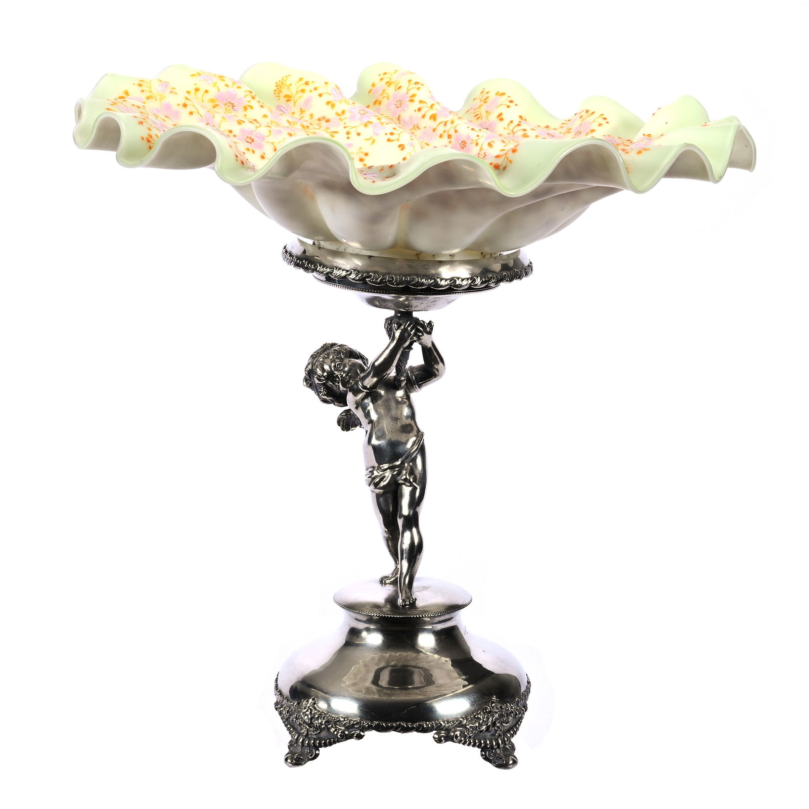 Victorian Brides Basket, Cased Yellow & White Satin Ruffled Art Glass Bowl (1 of 4)