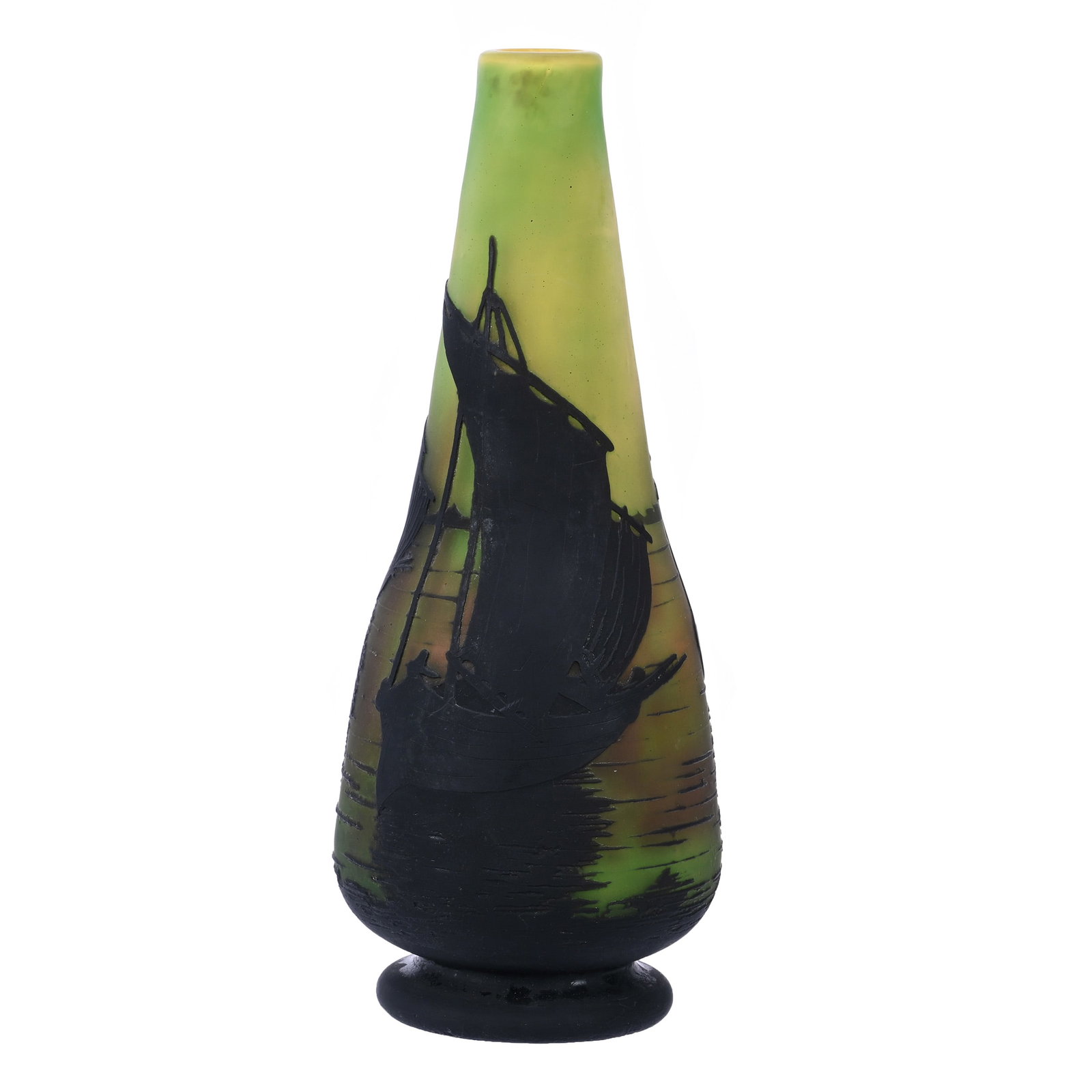 Vase Signed Daum Nancy French Cameo Art Glass: Vase Signed Daum Nancy French Cameo Art Glass, 7.5" x 3", Green, Yellow And Orange Mottled Ground, Black Cameo Cutback Scenic Decor Of Sail Ship, This Vase Is Genuine Daum From The Early 1900's, Ray C