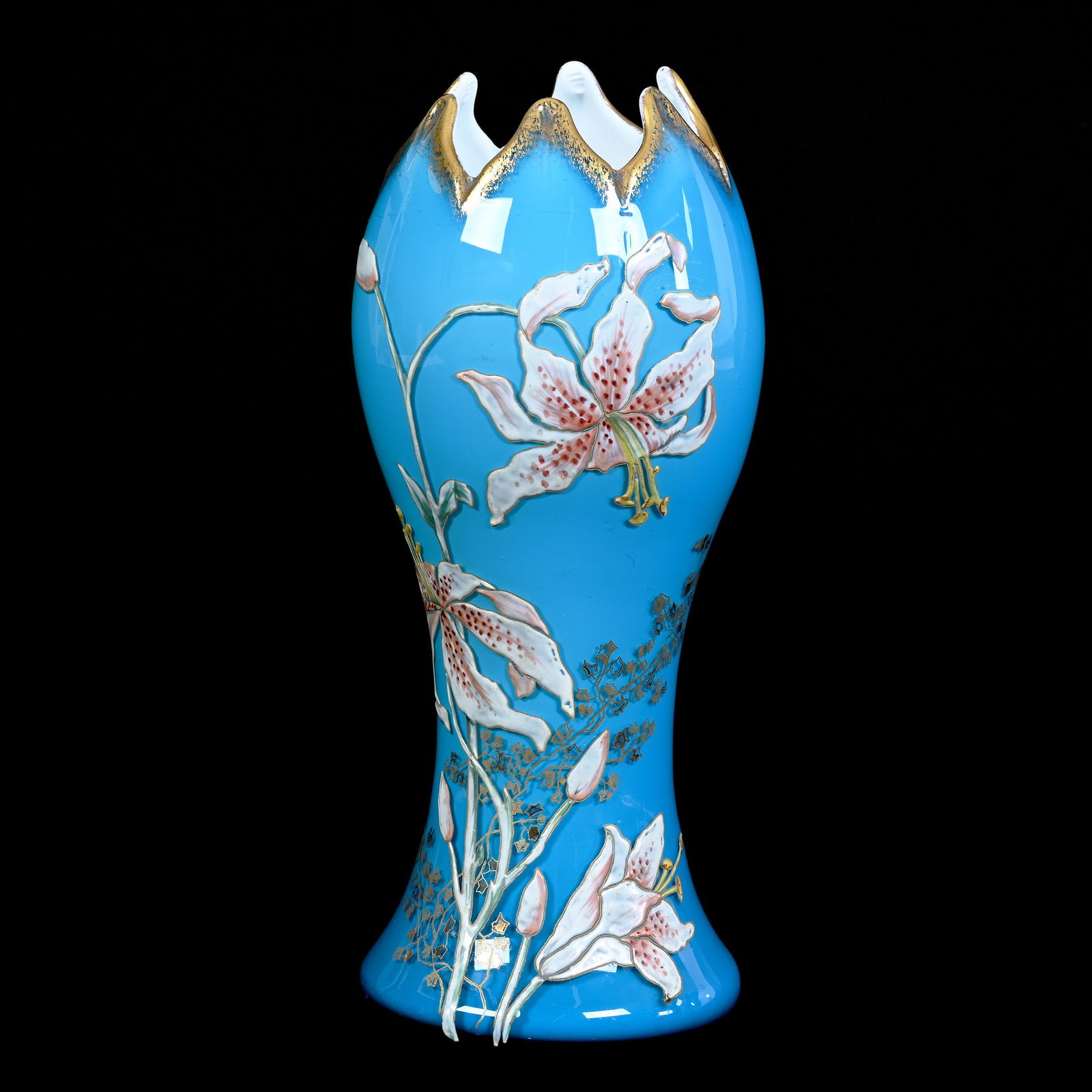 Vase, Blue Cased Art Glass Attributed To Harrach, Enamel Orchid Decor (1 of 3)