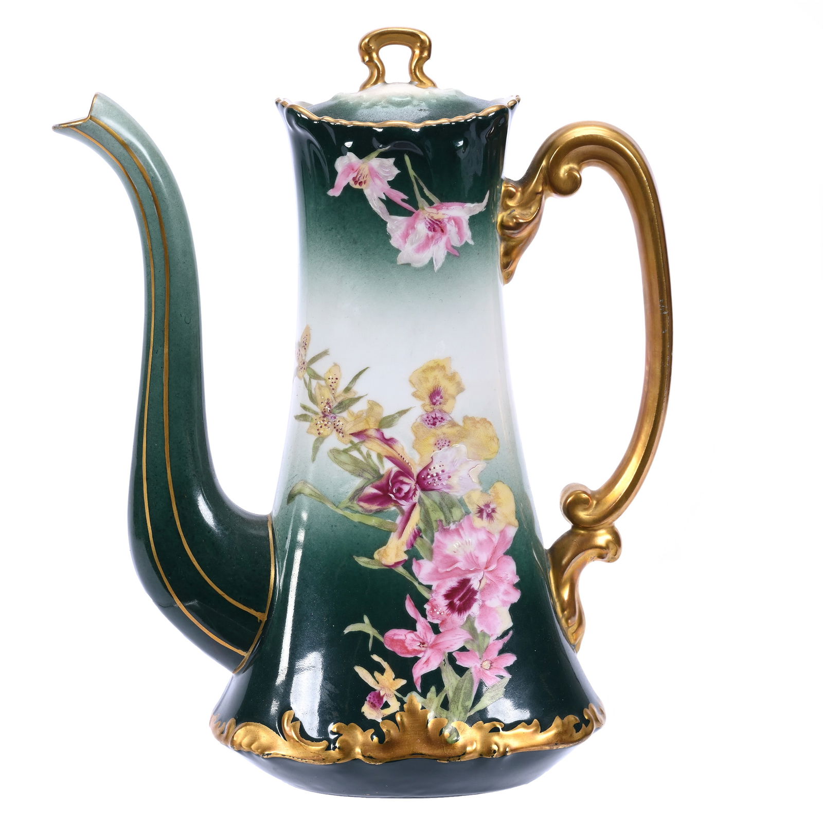 Coffee Pot Marked T&V Limoges Porcelain, Green & White Tones, Colorful Floral Decor (1 of 3)