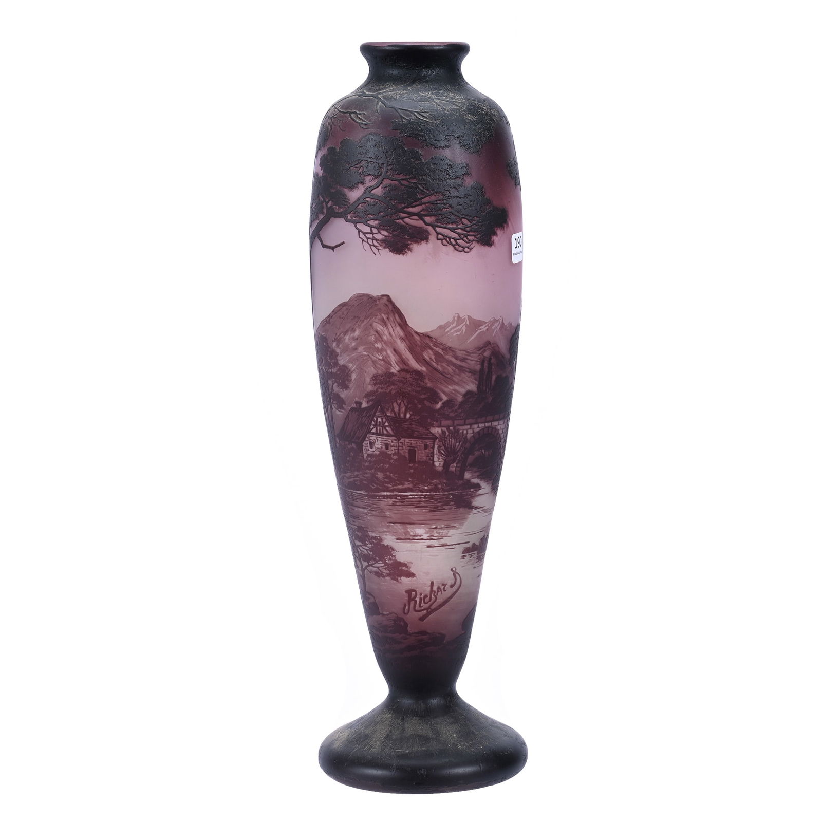 Vase Signed Richard Cameo Art Glass By Loetz: Vase Signed Richard Cameo Art Glass By Loetz, 17.75" x 5", White Ground With Cameo Cutback Overlay With Scene Of Lake, Mountain, Cottage And Tree, This Vase Is Genuine Richard From The Early 1900's, R