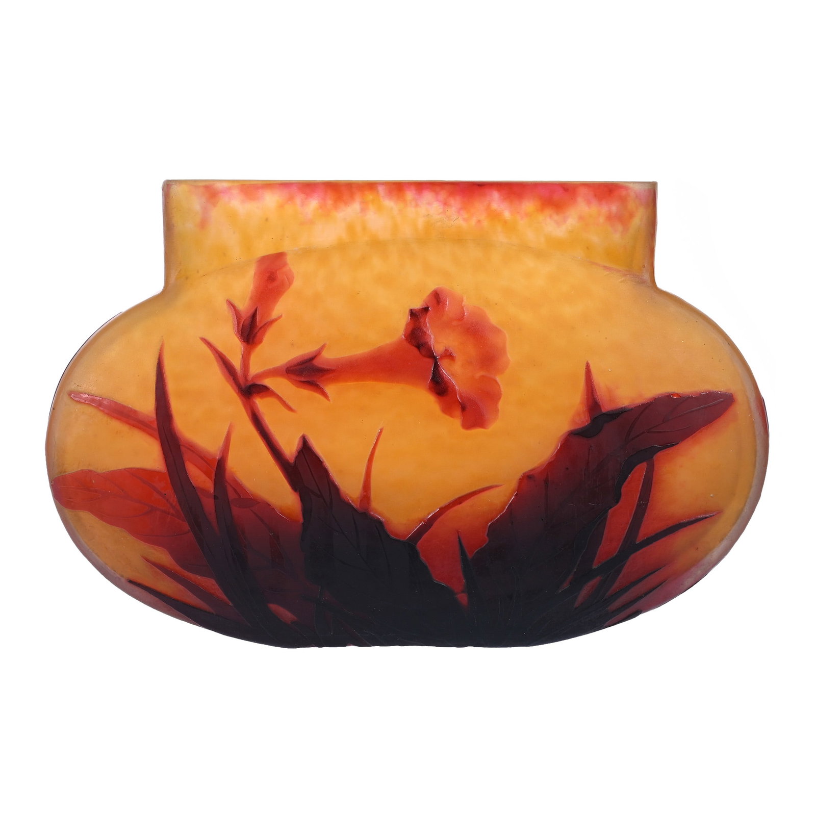 Planter/Vase Signed Daum Nancy French Cameo Art Glass: Planter/Vase Signed Daum Nancy French Cameo Art Glass, 4.5" x 7" x 3", Mottled Yellow Ground With Dark Cranberry Cameo Cutback Floral Overlay, This Planter/Vase Is Genuine Daum From The Early 1900's,