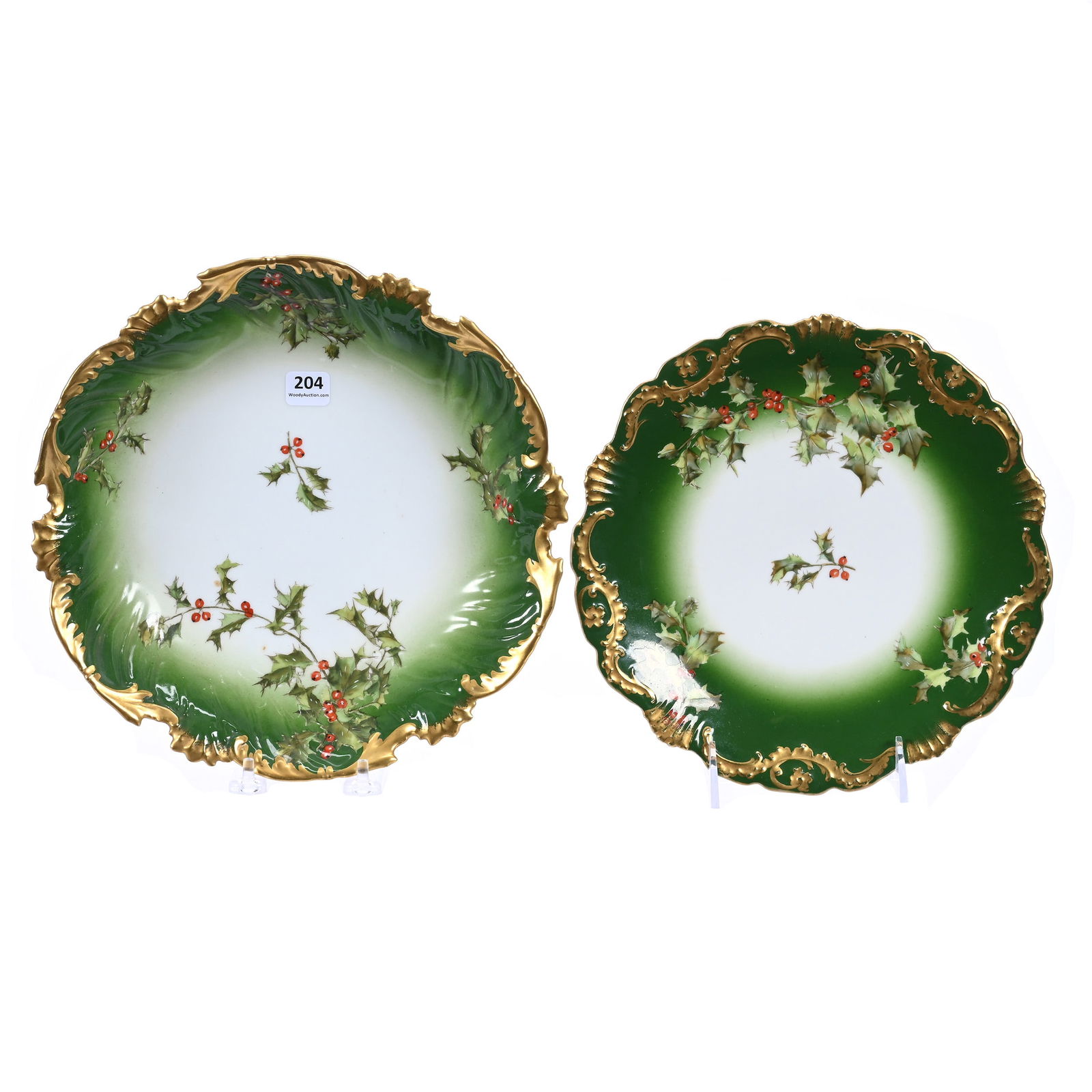 (2) Christmas Holly Pattern Items Marked T&V Limoges, Green & White, Heavy Gold Trim (1 of 3)