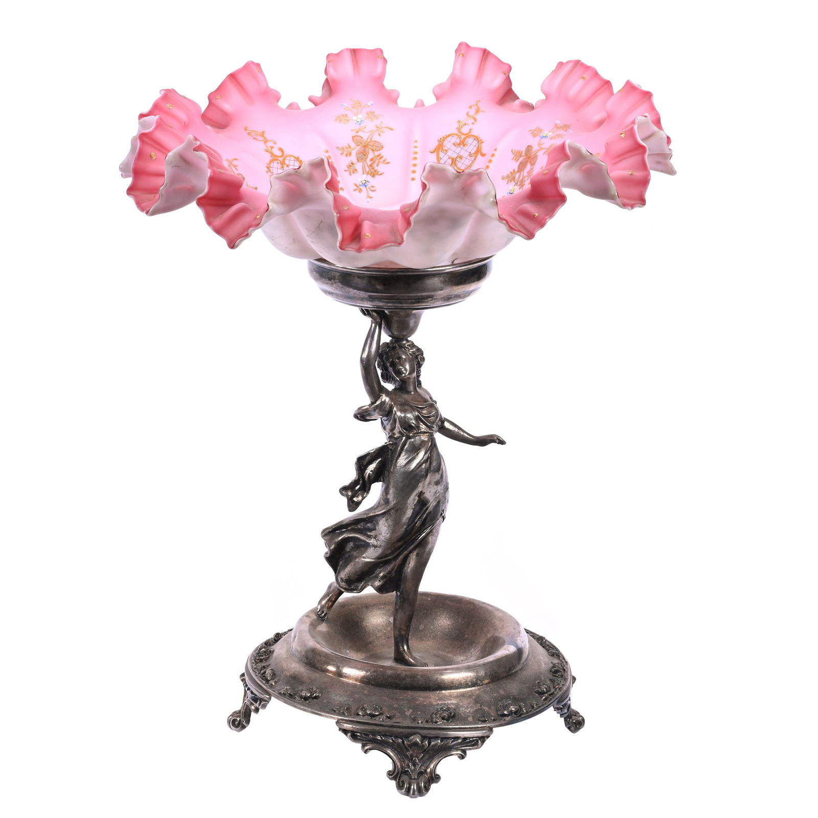 Victorian Brides Basket, Cased Pink Satin Art Glass Bowl (1 of 5)