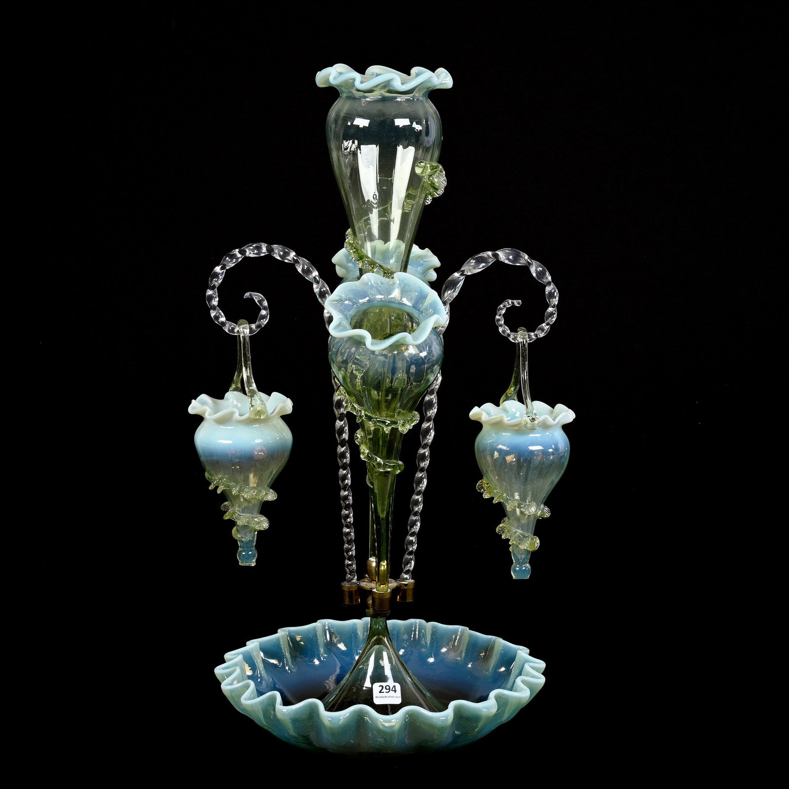 Epergne, Three Lily, Green Opalescent Art Glass, Two Clear Canes Holding Two Hanging Baskets (1 of 8)