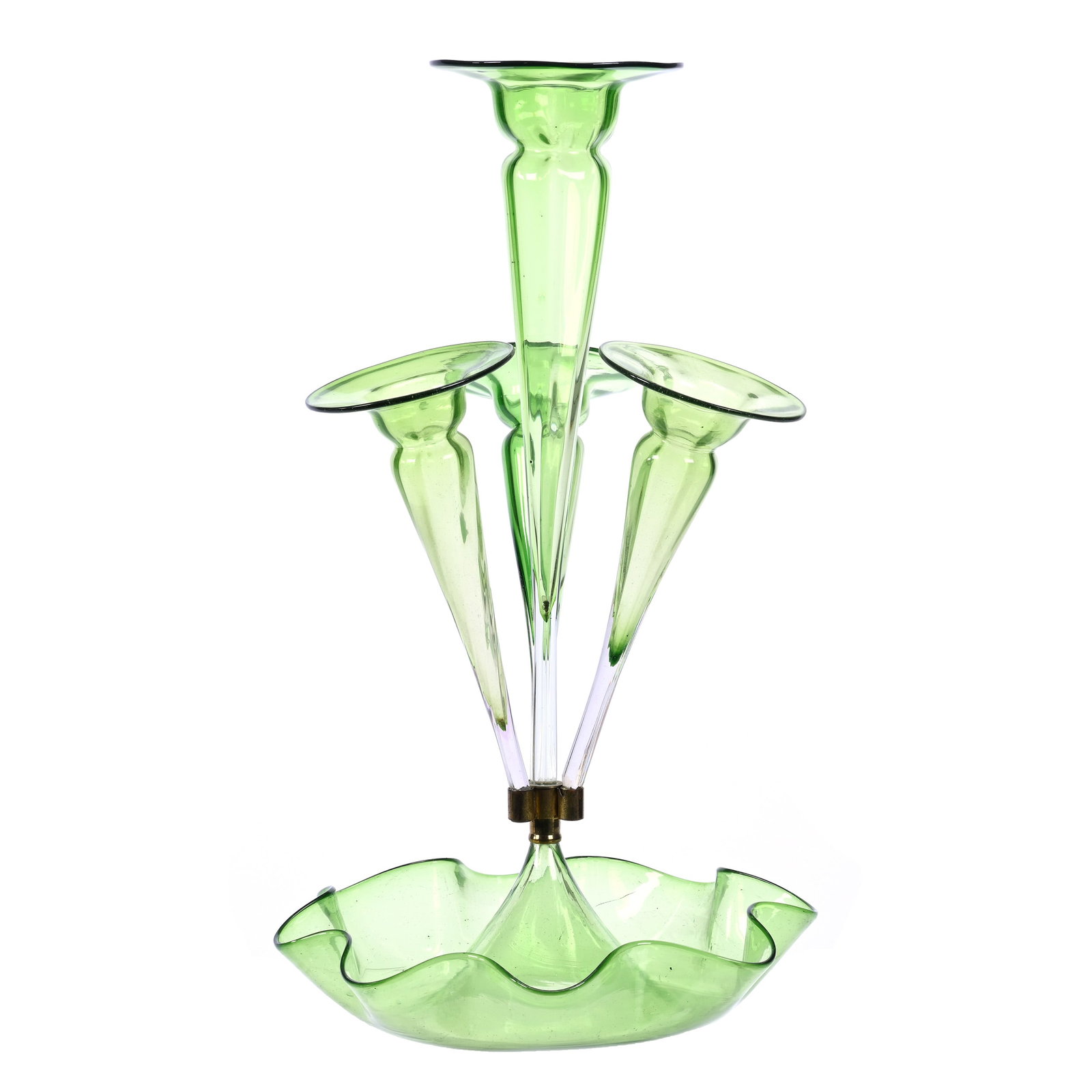 Epergne, Four Lily, Cased Green Art Glass, Attributed To Stourbridge, Circa 1920: Epergne, Four Lily, Cased Green Art Glass, Attributed To Stourbridge, Circa 1920, 19" x 11", Exactly As Featured In The Elegant Epergne, Page 76, The Late Bunny Koppelman Whose Epergne Collection Was 
