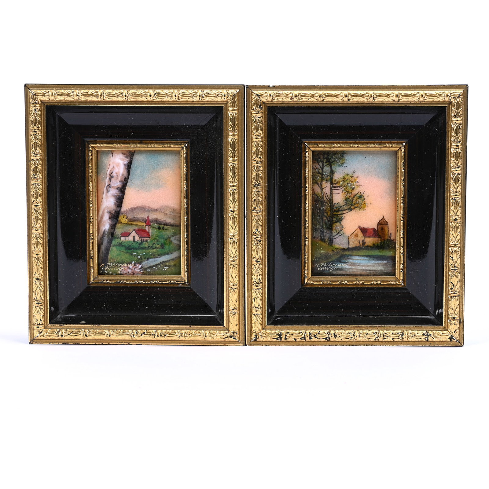Pair Framed Miniature Enamel Plaques Marked Limoges (1 of 4)