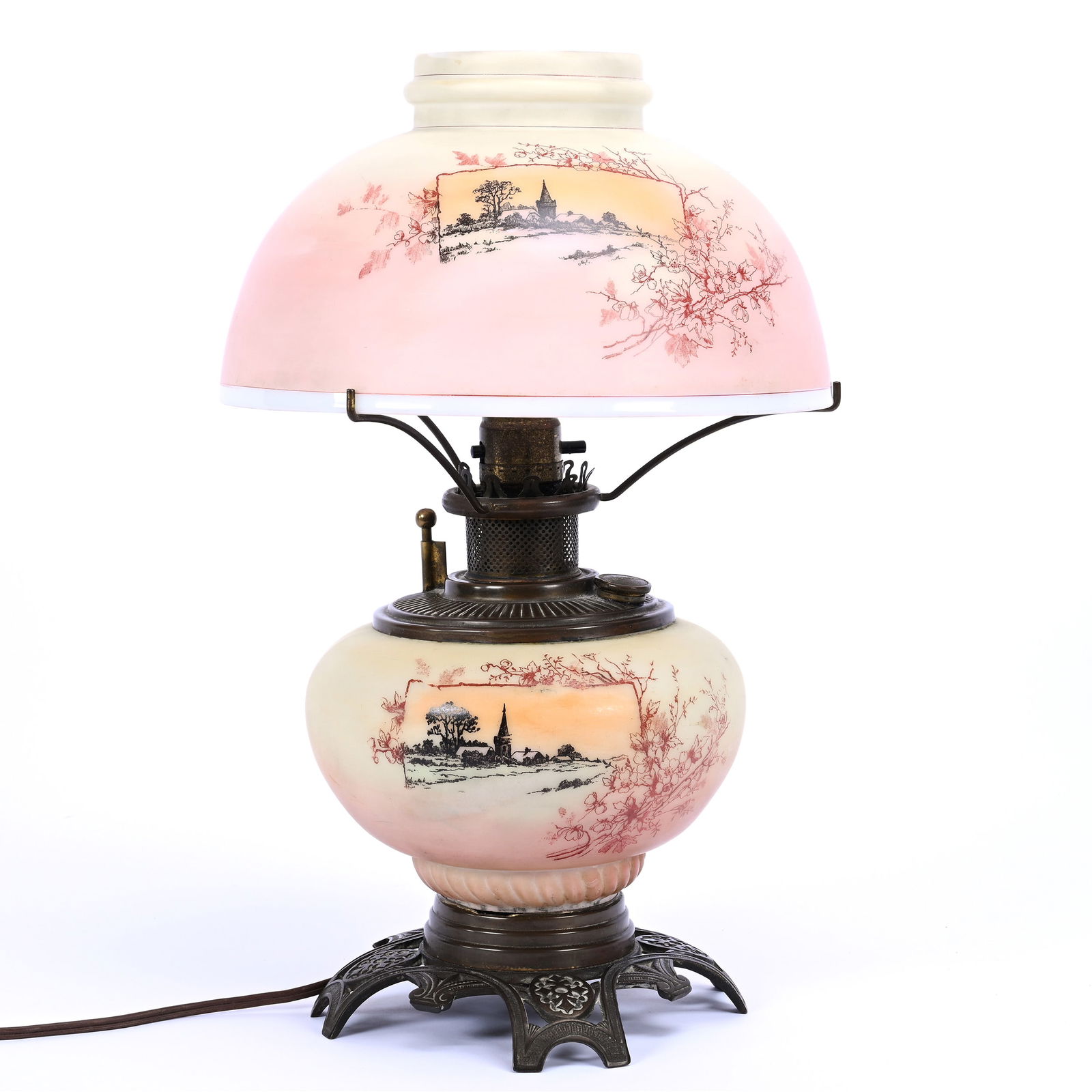 Lamp, Burmese Opaline Glass With Scenic Decor Of Church, Electrified: Lamp, Burmese Opaline Glass With Scenic Decor Of Church, Electrified, 16" x 10", Virginia And The Late Dr. Jimmie L. Downing, Kansas.