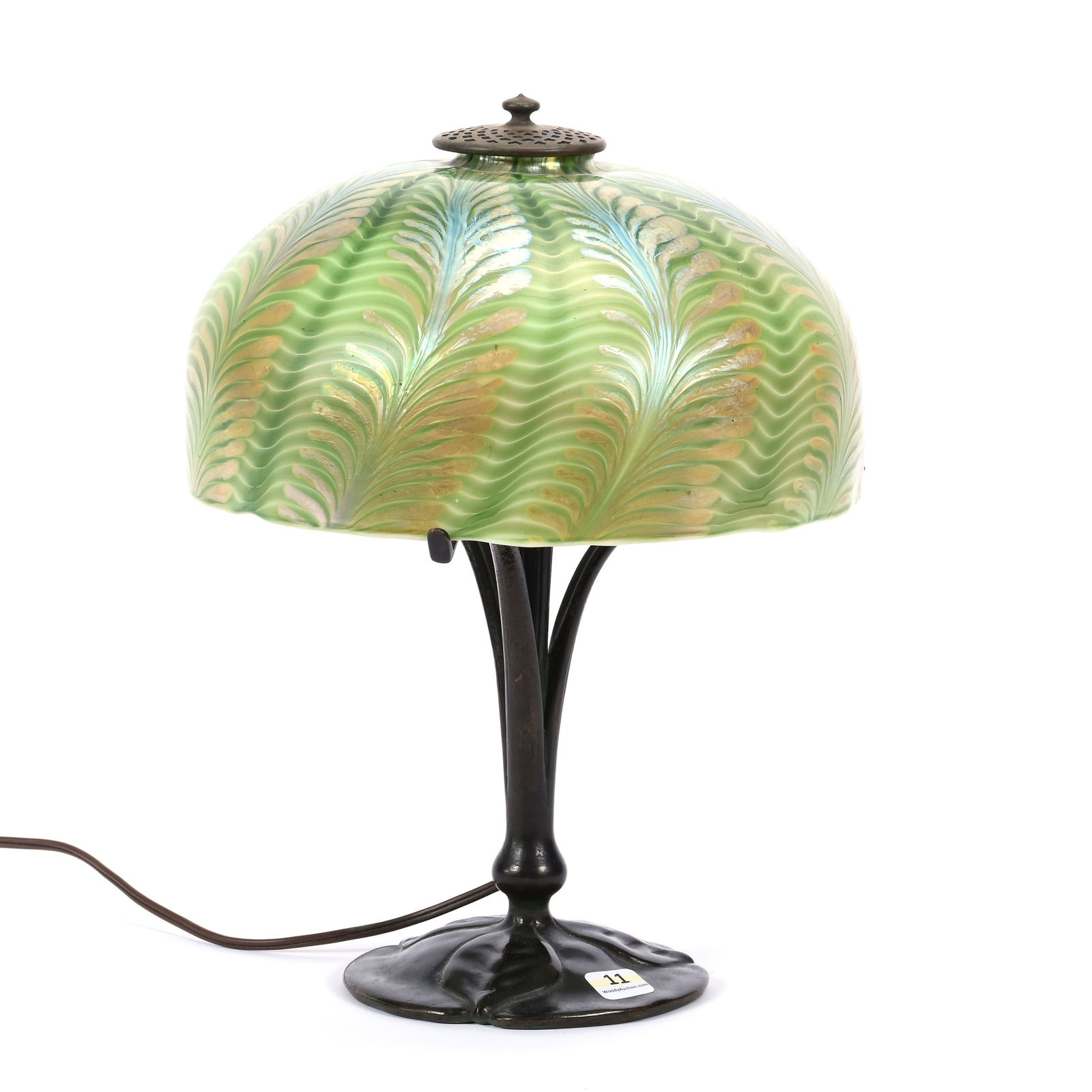 Table Lamp, Highly Iridescent Art Glass Shade, Green And Gold Pulled Feather Design (1 of 5)