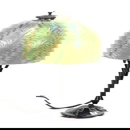 Table Lamp, Highly Iridescent Art Glass Shade, Green And Gold Pulled Feather Design