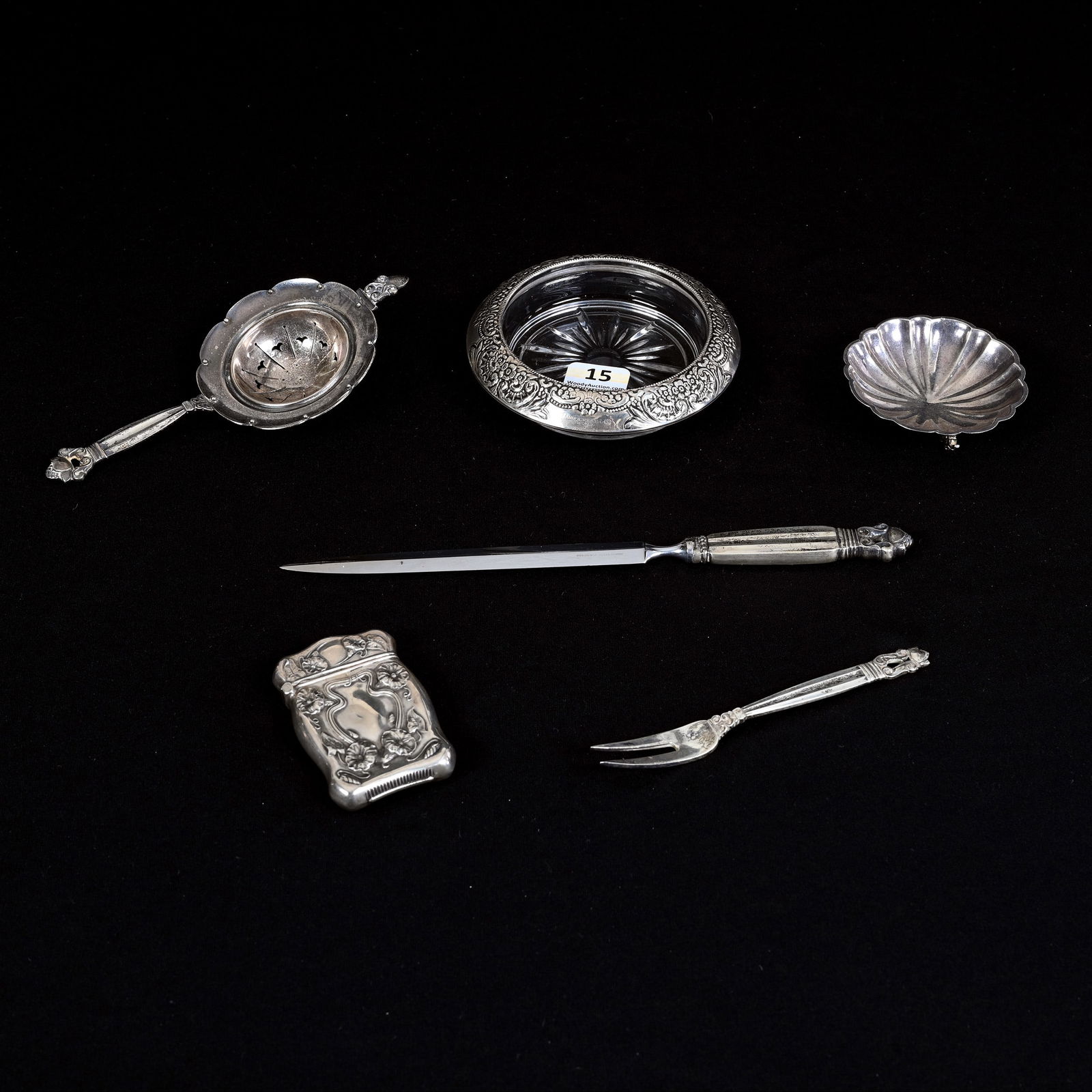 (6) Assorted Silver Items Including Tea Strainer, Salt Dip, Match Safe, Fork, Letter Opener (1 of 6)