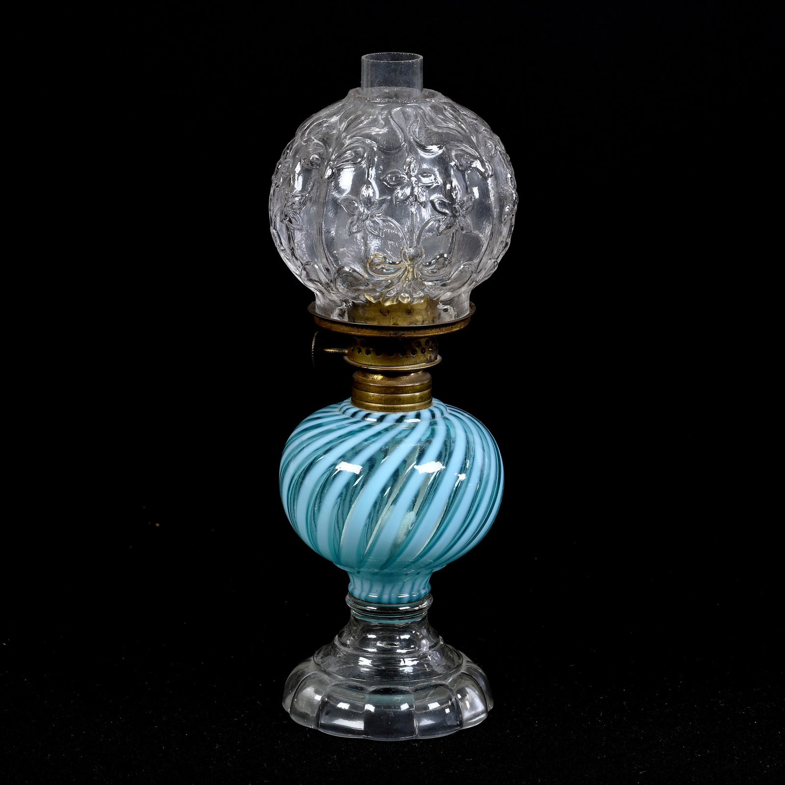Miniature Kerosene Lamp, Blue Opalescent Swirl Font (1 of 3)