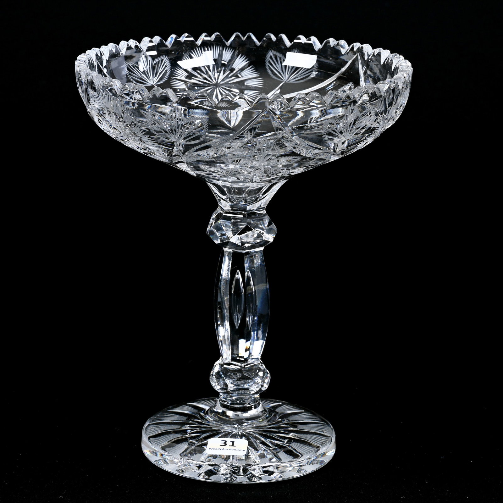 Compote, American Brilliant Cut Glass: Compote, American Brilliant Cut Glass, 9" x 7.25", Flashed Star And Engraved Floral Motif, Teardrop Stem, Flashed Ray Cut Foot, Silver Lode Ranch, Colorado.