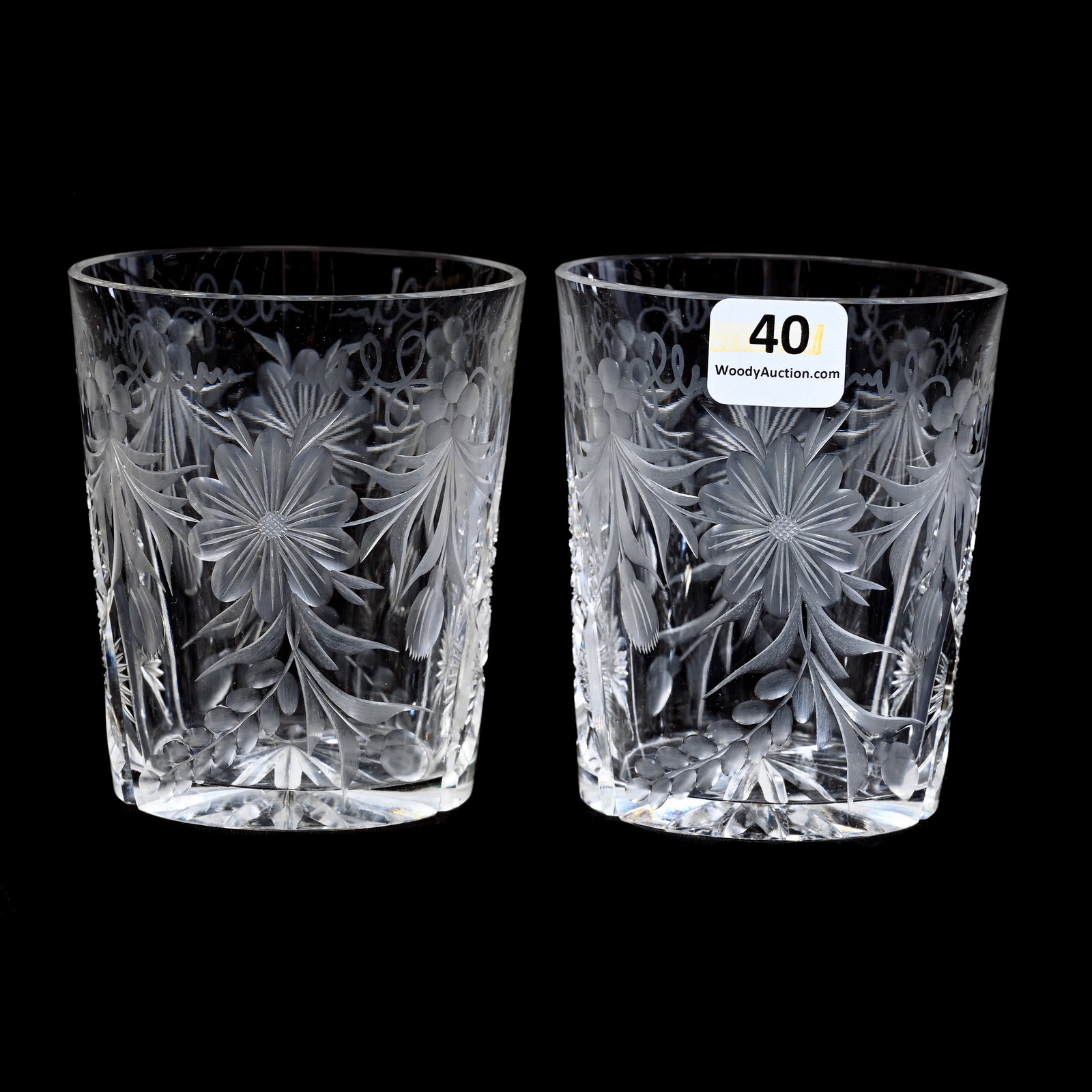 Pair Tumblers, American Brilliant Cut Glass, Signed Tuthill Phlox Pattern: Pair Tumblers, American Brilliant Cut Glass, Signed Tuthill Phlox Pattern, 3.5" x 3", Both Tumblers Have Possible Rim Touch-Up, Silver Lode Ranch, Colorado.