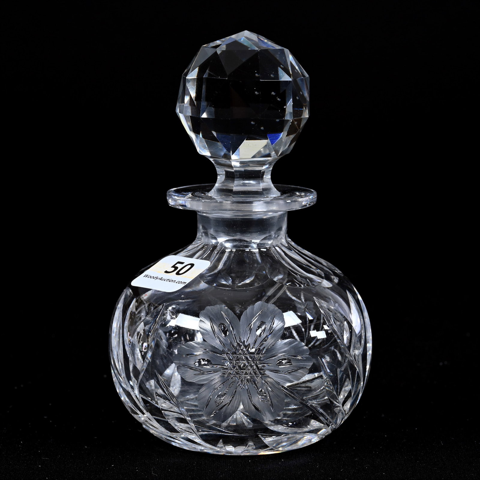 Cologne Bottle, American Brilliant Cut Glass, Engraved Butterfly & Floral Decor: Cologne Bottle, American Brilliant Cut Glass, Engraved Butterfly & Floral Decor, 5" x 3.25", Surface Chip On Body Of Cologne, Nebraska Private Collection.