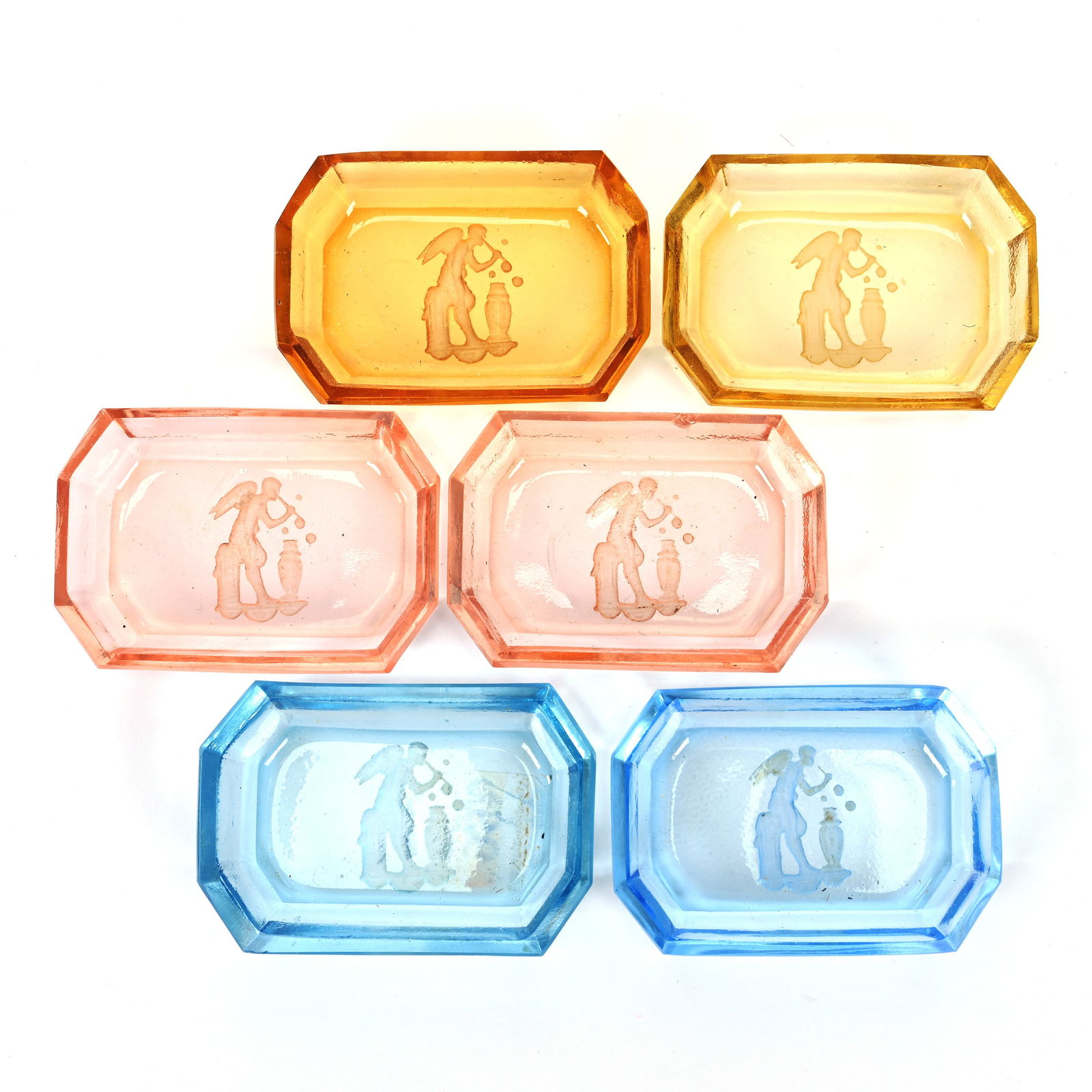 (6) Salt Dips, Czechoslovakia, Solid Color With Engraved Cherub Blowing Bubbles (1 of 4)